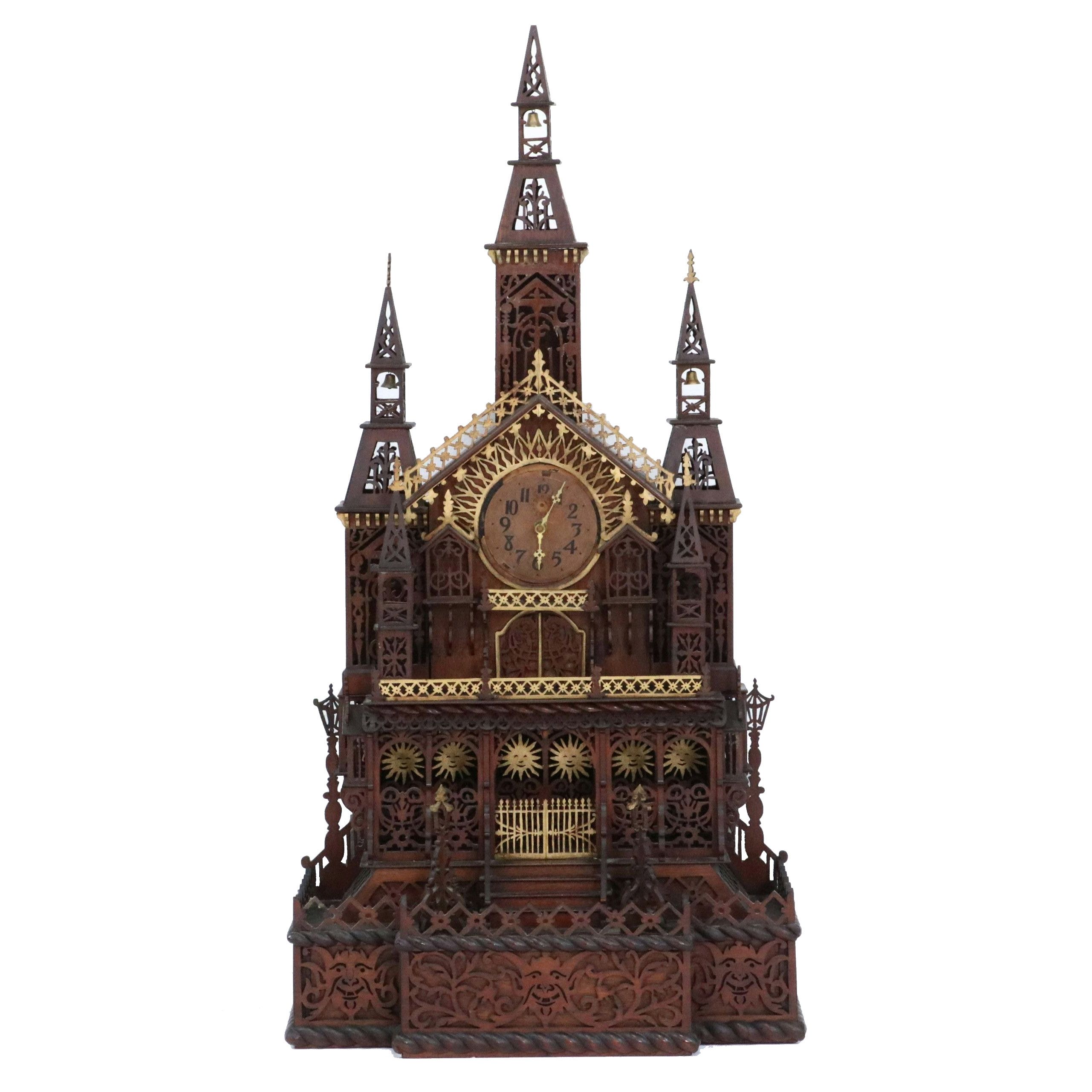 American Folk Art Fretwork Gothic Cathedral Clock with Wall Shelf, Early 20th C.