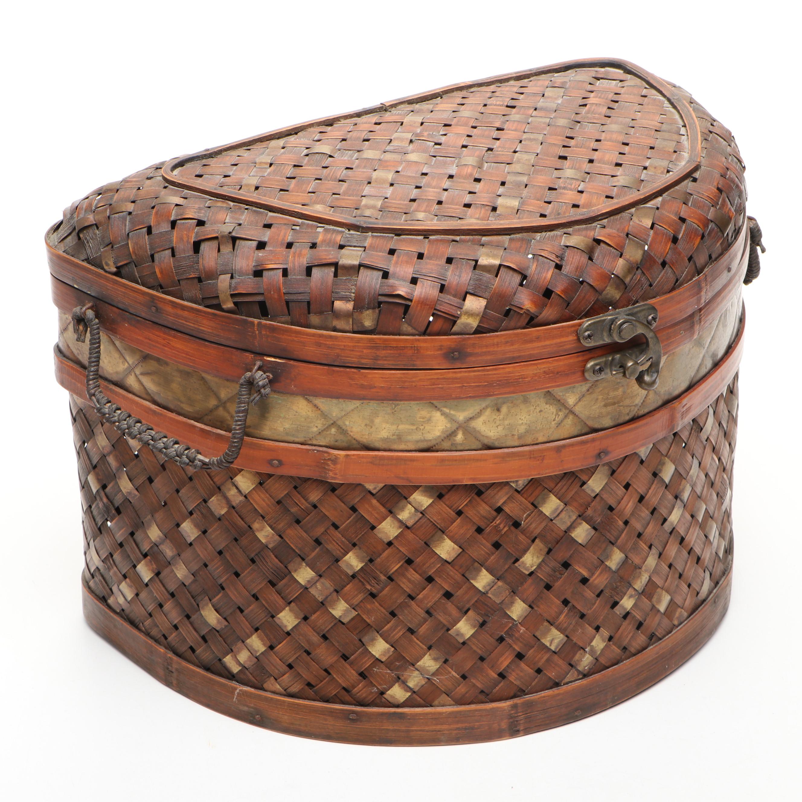 Bamboo and Brass Woven Lidded and Handled Nesting Baskets