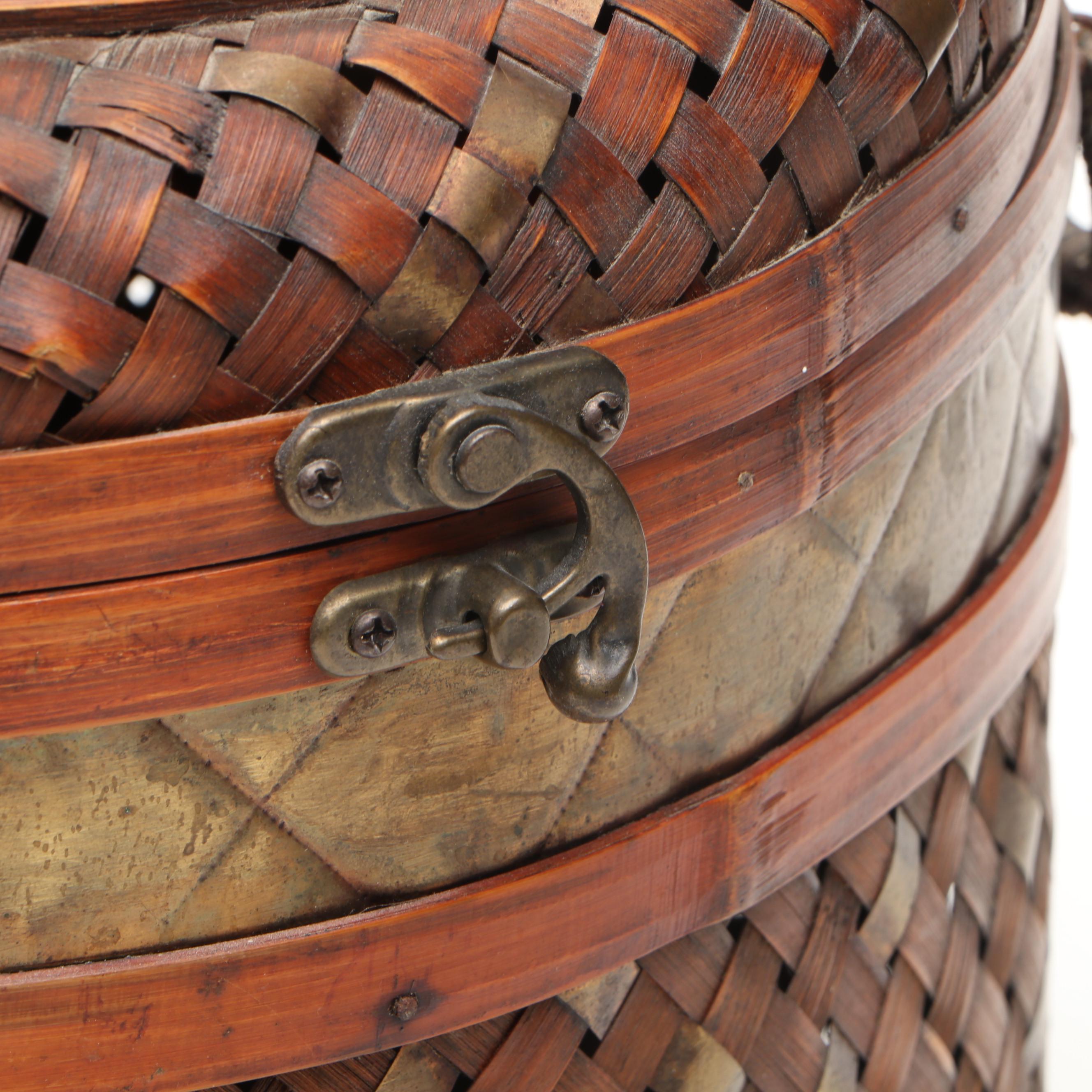 Bamboo and Brass Woven Lidded and Handled Nesting Baskets