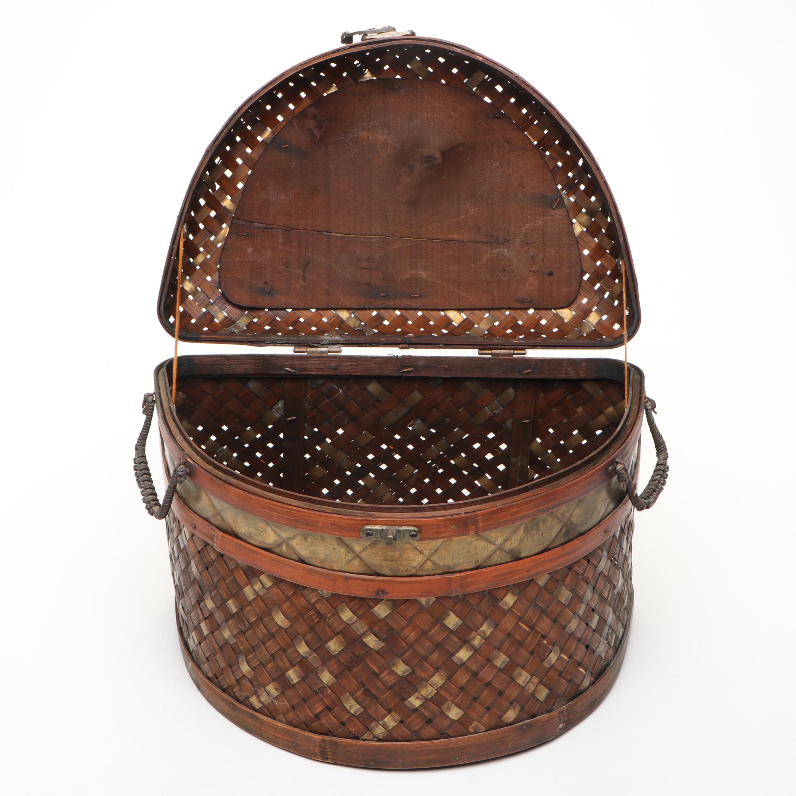 Bamboo and Brass Woven Lidded and Handled Nesting Baskets