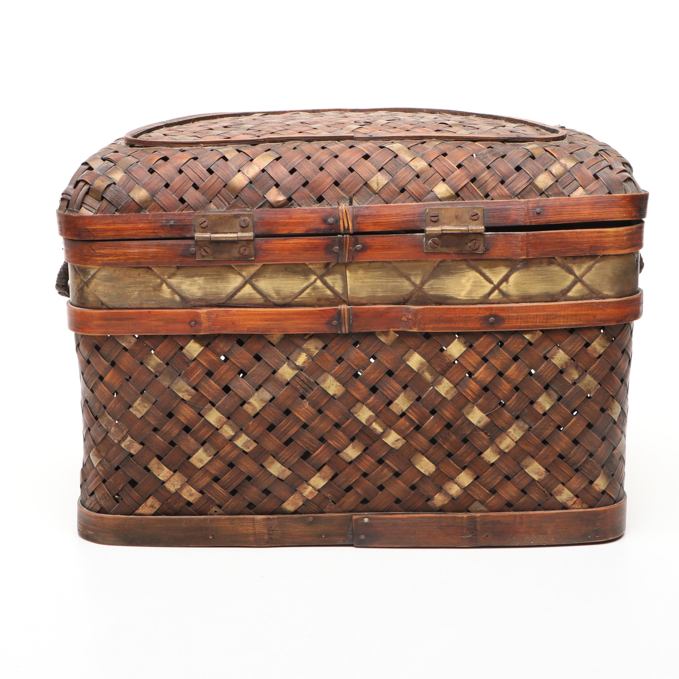 Bamboo and Brass Woven Lidded and Handled Nesting Baskets