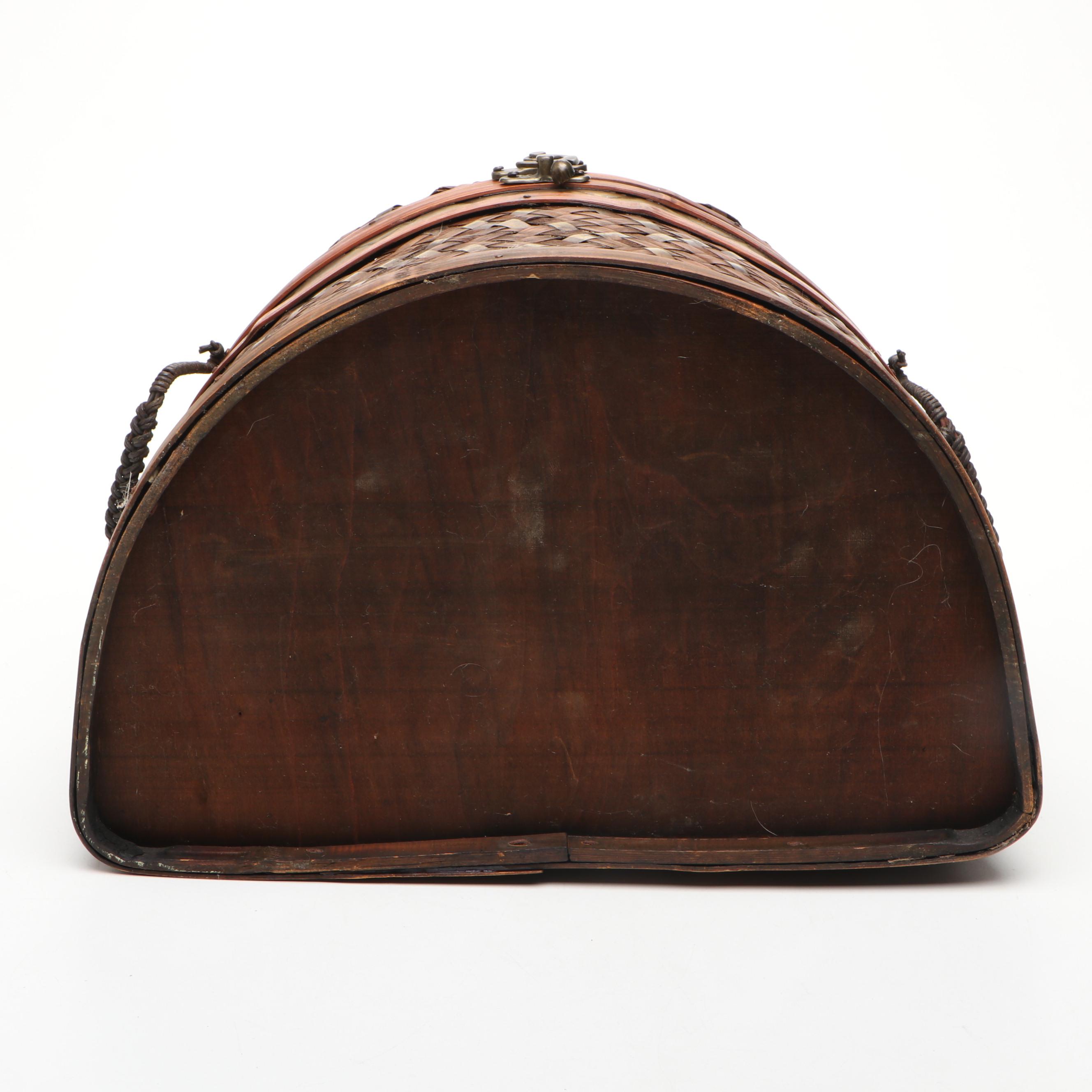 Bamboo and Brass Woven Lidded and Handled Nesting Baskets