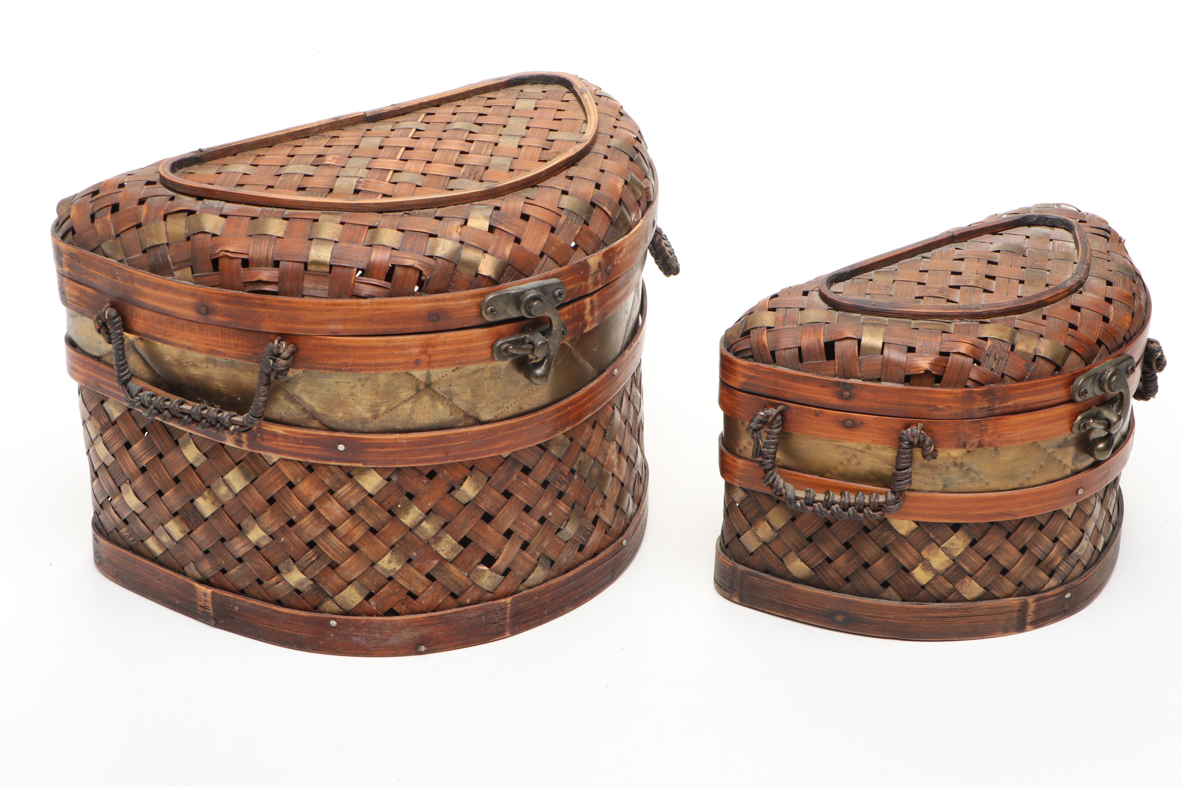 Bamboo and Brass Woven Lidded and Handled Nesting Baskets