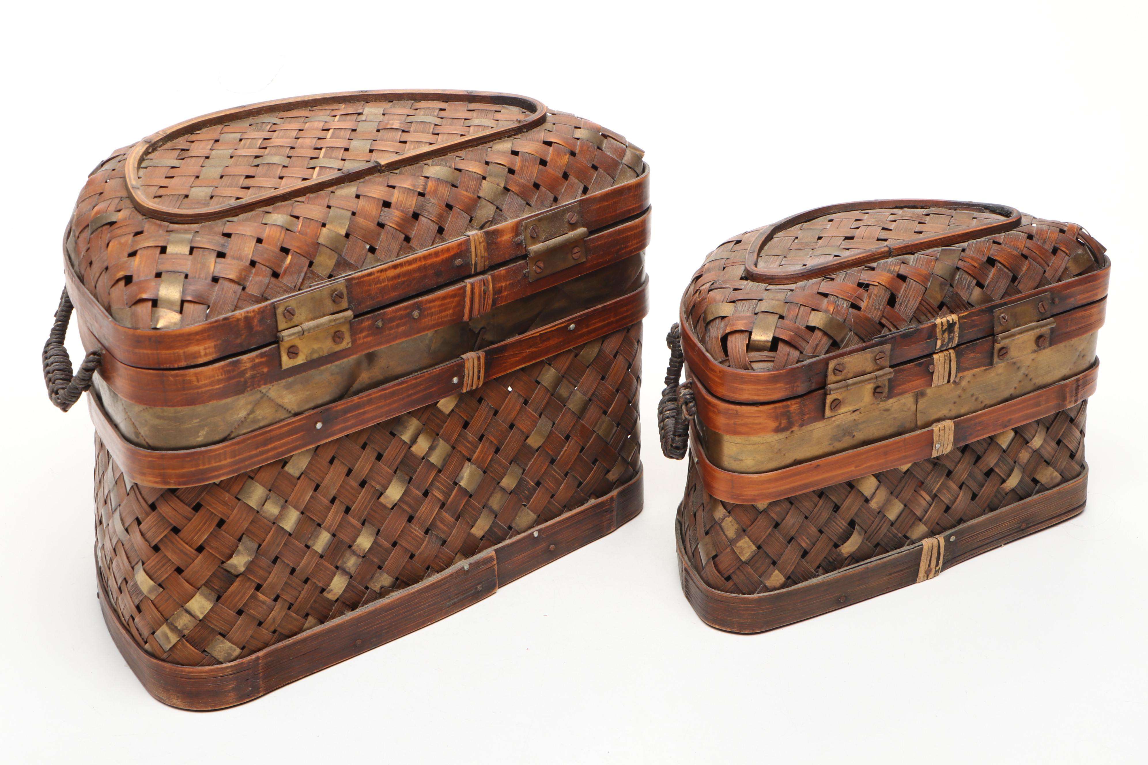 Bamboo and Brass Woven Lidded and Handled Nesting Baskets