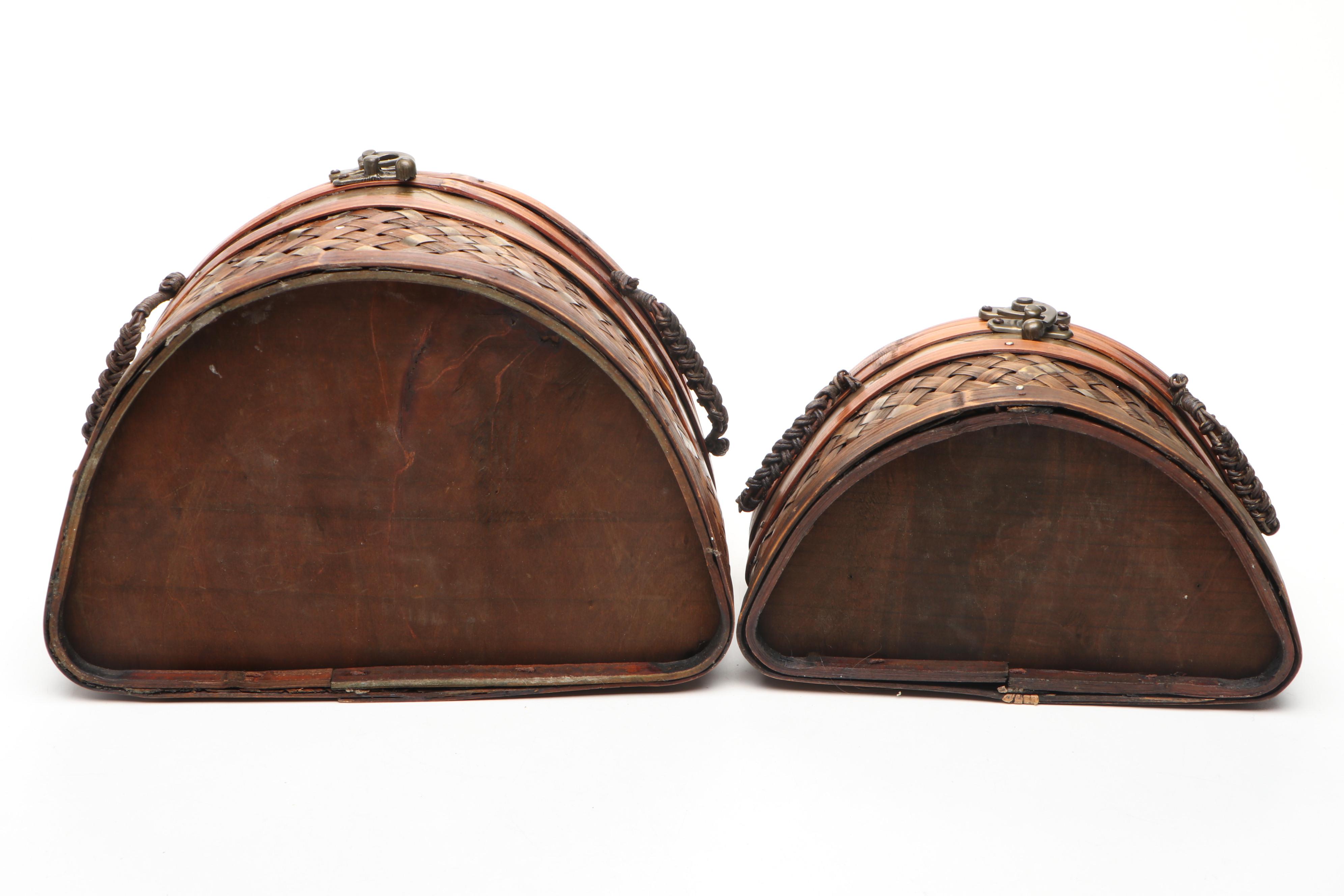 Bamboo and Brass Woven Lidded and Handled Nesting Baskets