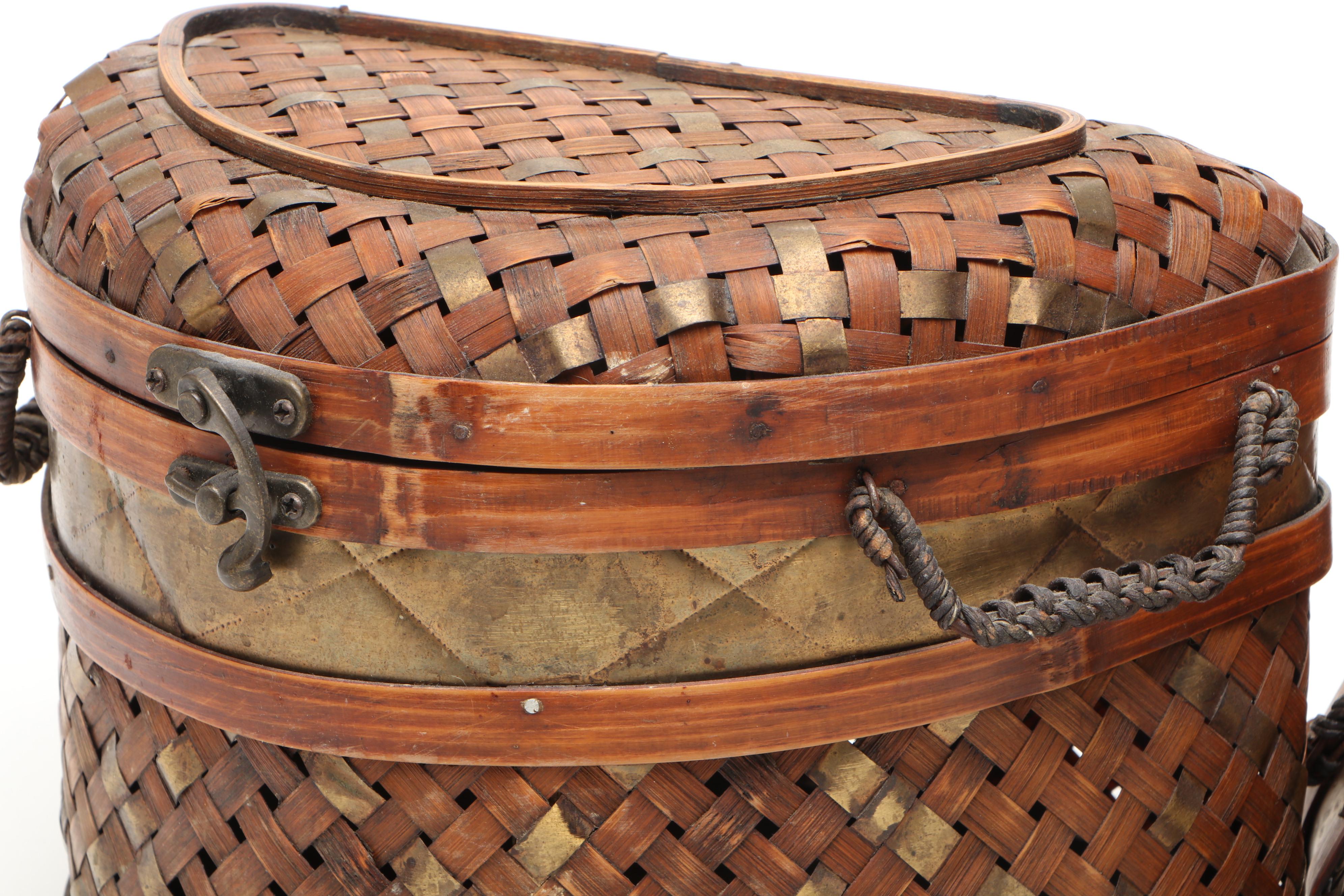 Bamboo and Brass Woven Lidded and Handled Nesting Baskets