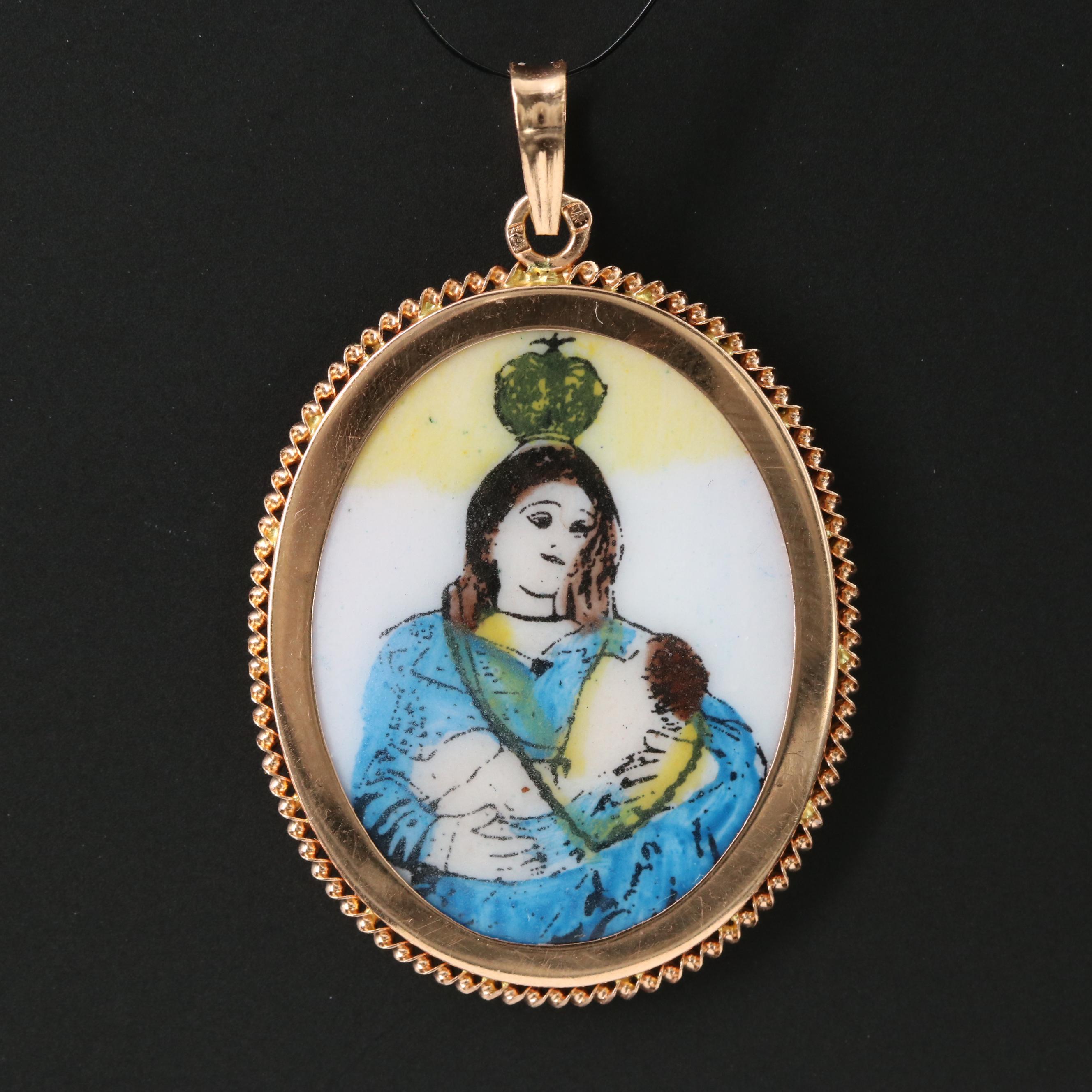 19K Rose Gold Mother Mary and Jesus Enamel Pendant