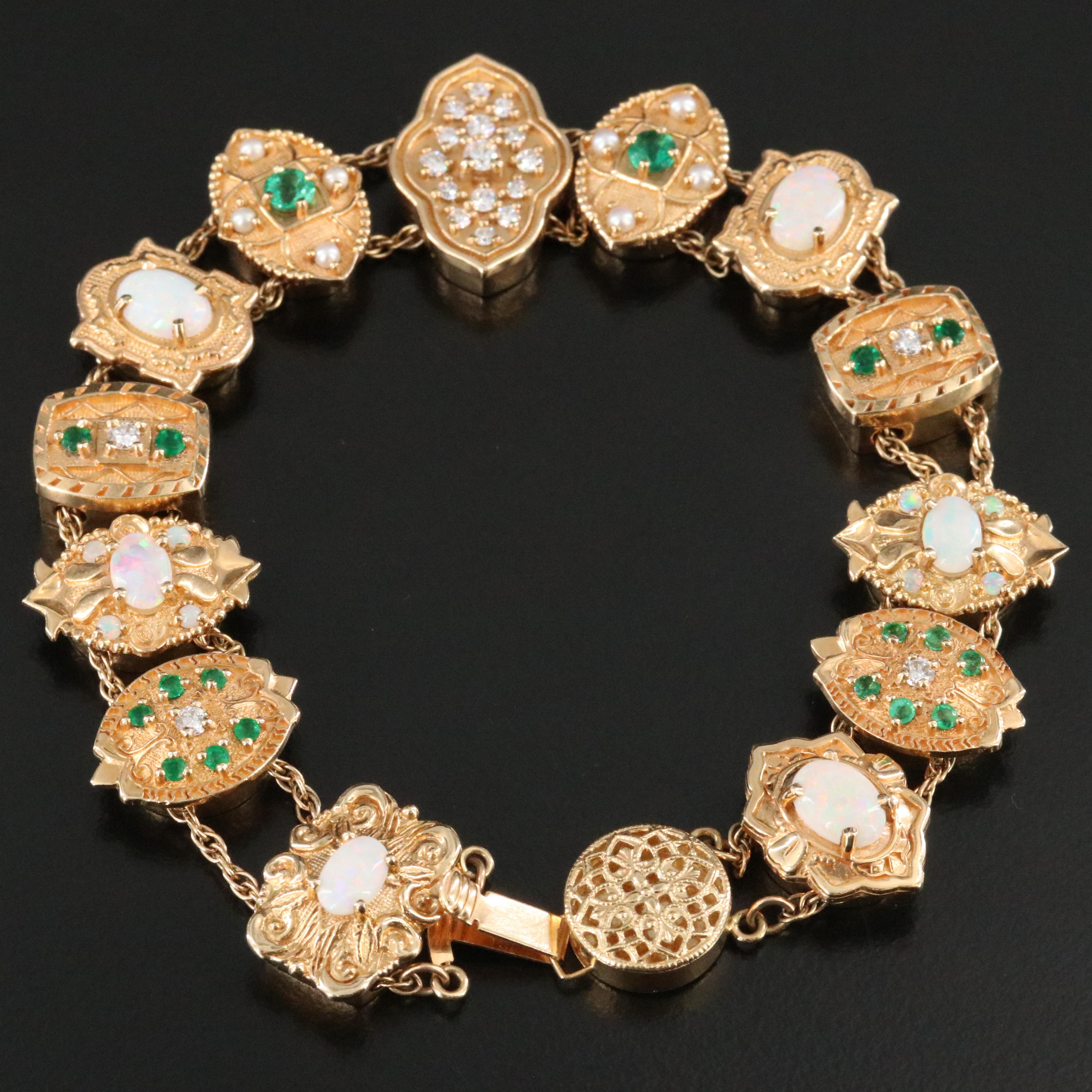 Richard Glatter 14K Opal, Emerald, Pearl and Diamond Slide Bracelet