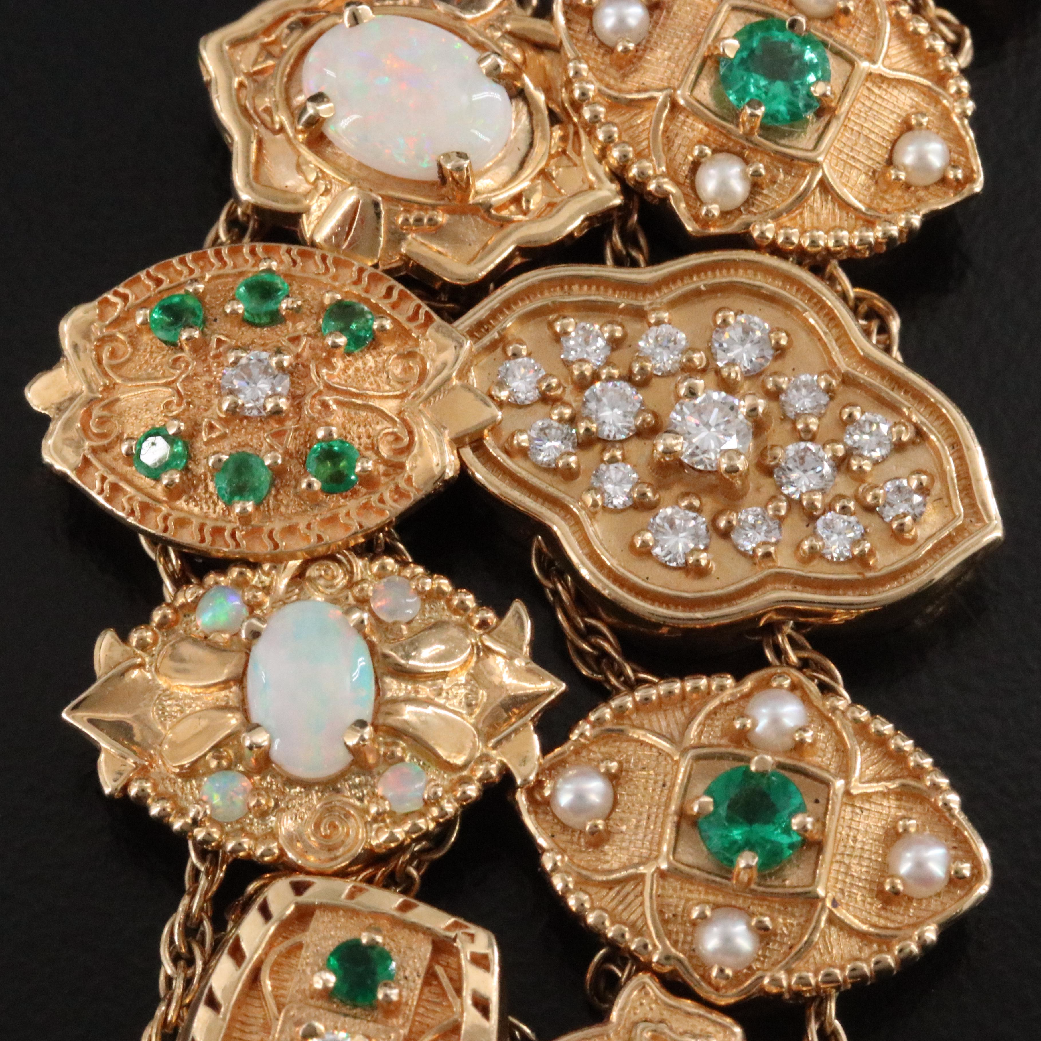 Richard Glatter 14K Opal, Emerald, Pearl and Diamond Slide Bracelet