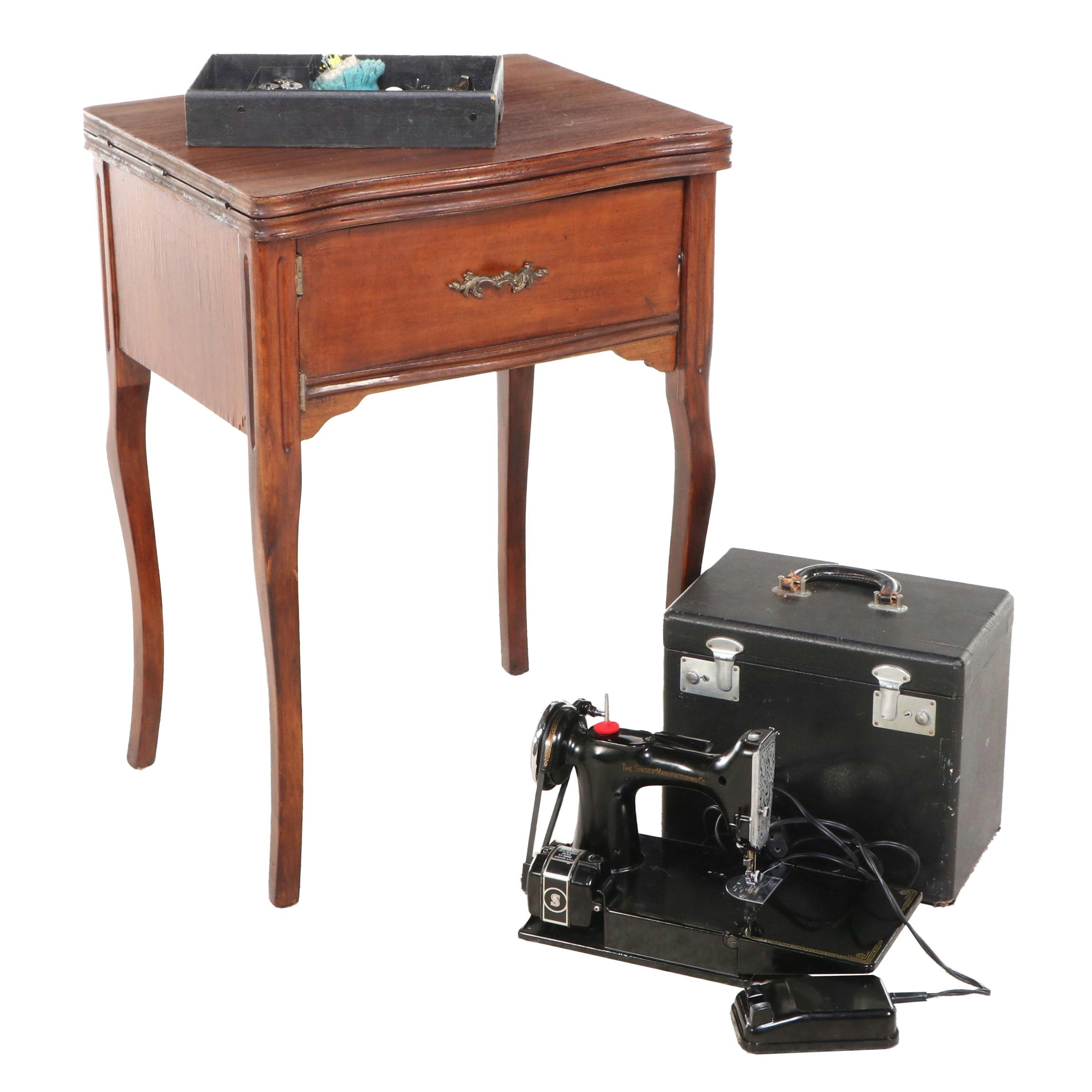 1945 Singer 221 Featherweight Sewing Machine, Mahogany Sewing Table & Notions