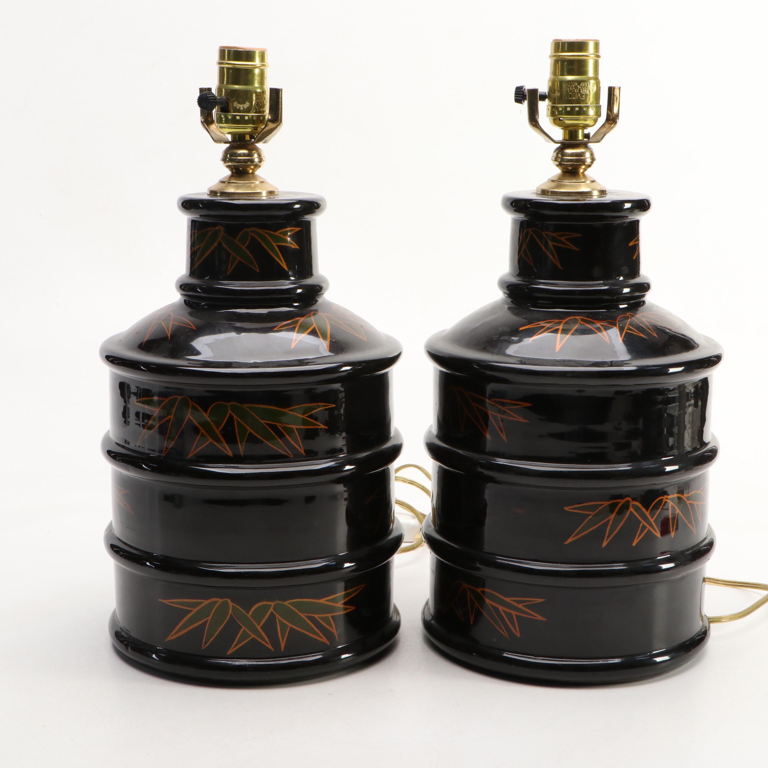 Pair of Chinese Ceramic Table Lamps with Wreath Finials and Leaf Motif