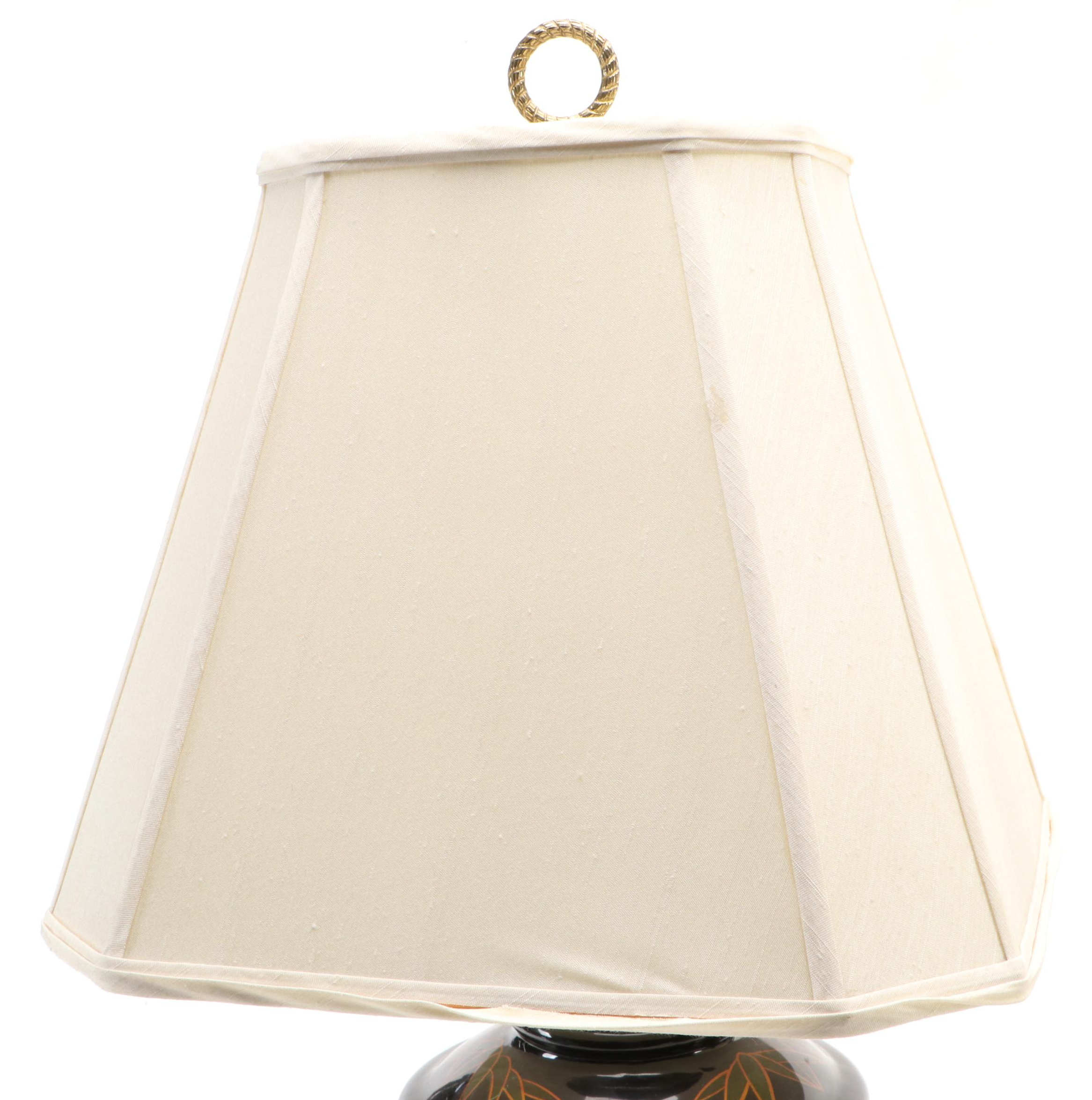 Pair of Chinese Ceramic Table Lamps with Wreath Finials and Leaf Motif