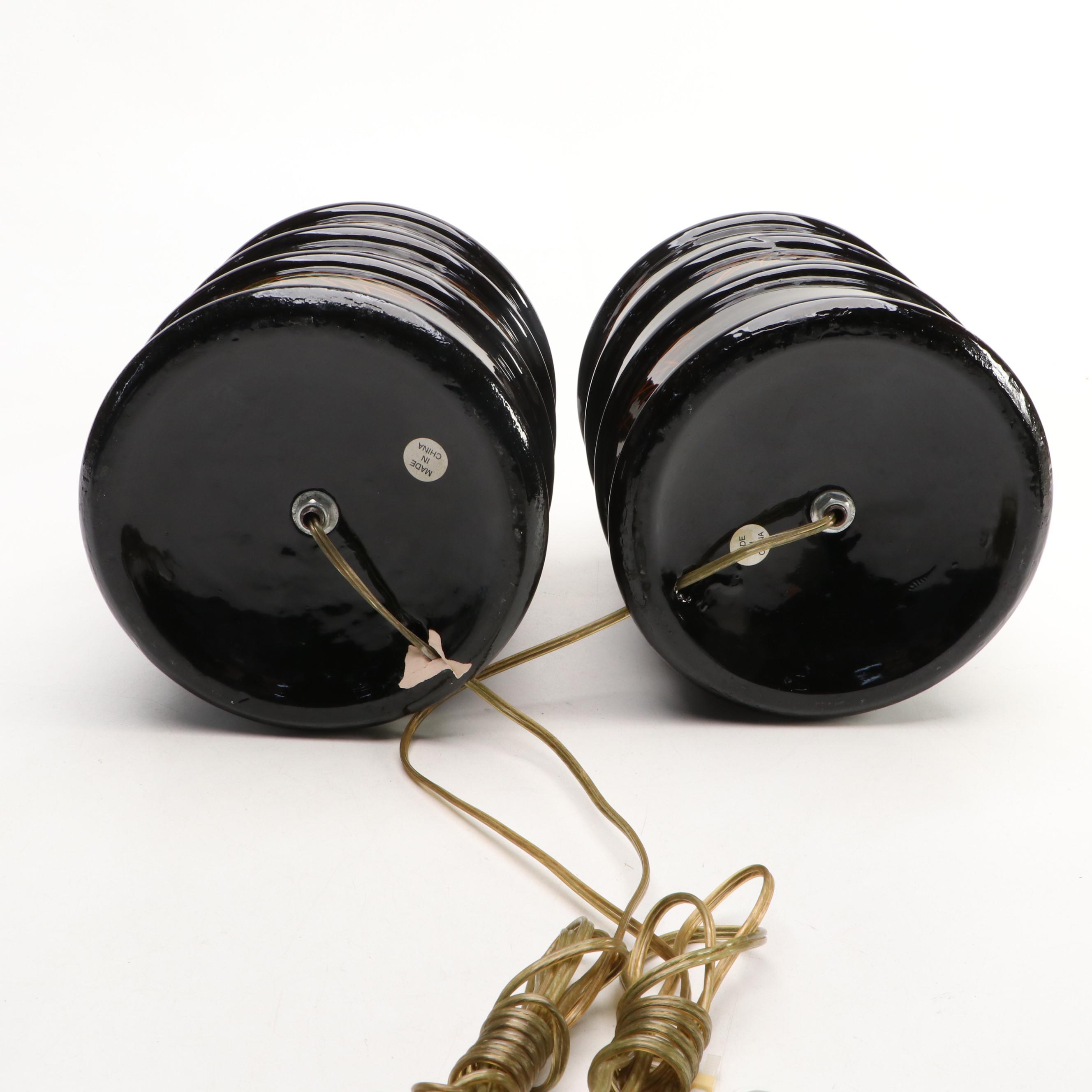 Pair of Chinese Ceramic Table Lamps with Wreath Finials and Leaf Motif