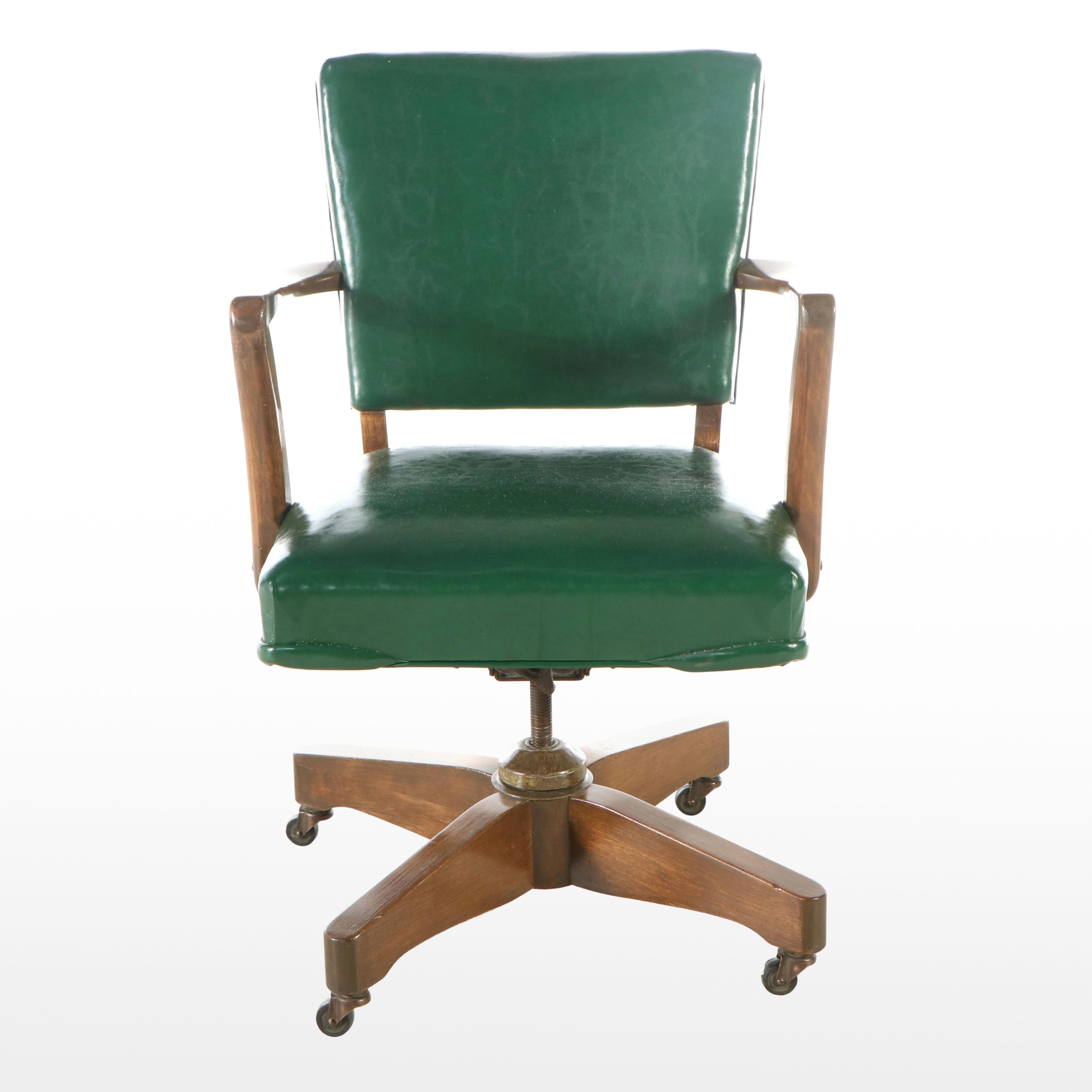 Green Faux Leather Upholstered Wood Banker's Chair, Mid-20th Century