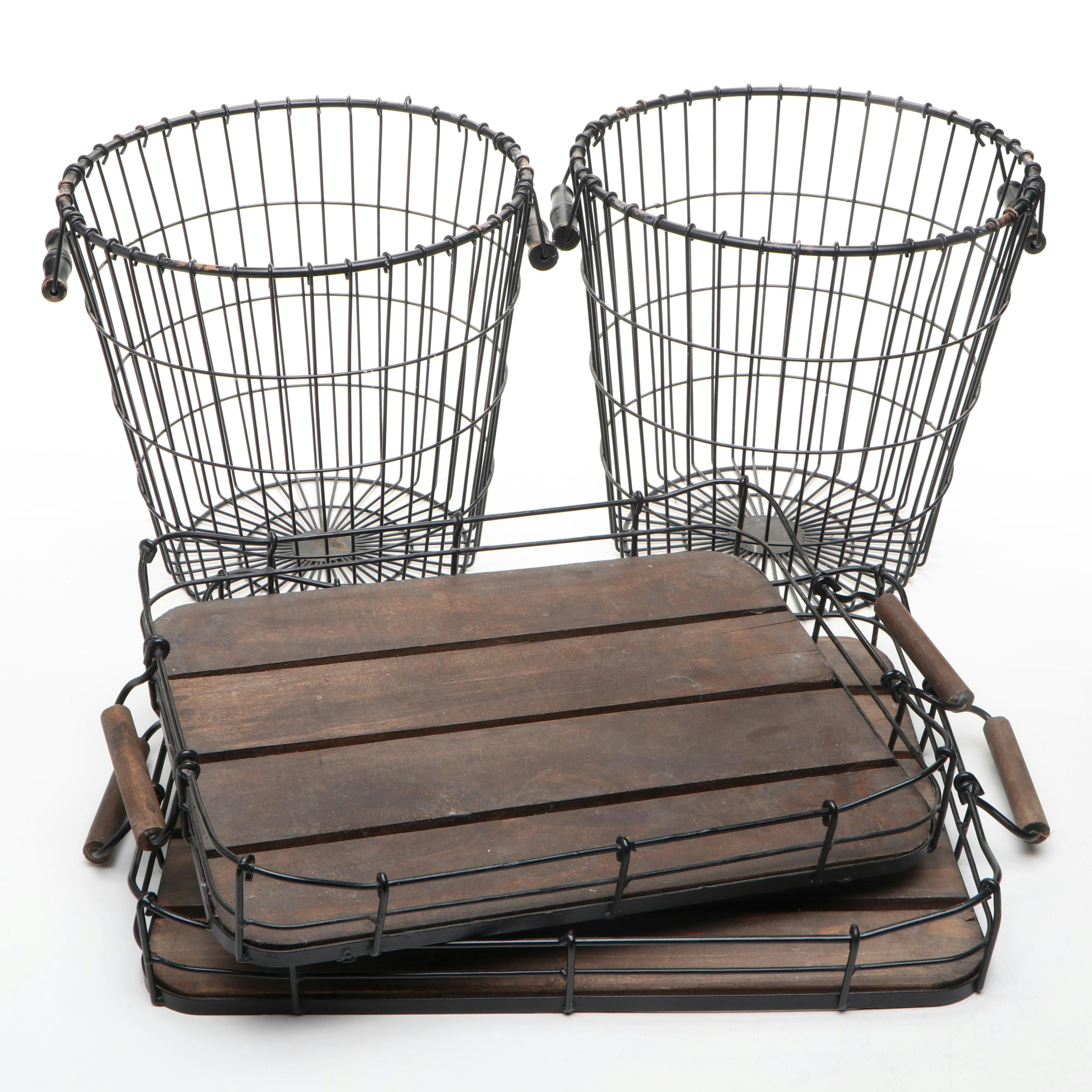 Wood and Metal Serving Trays with Metal Frame Baskets