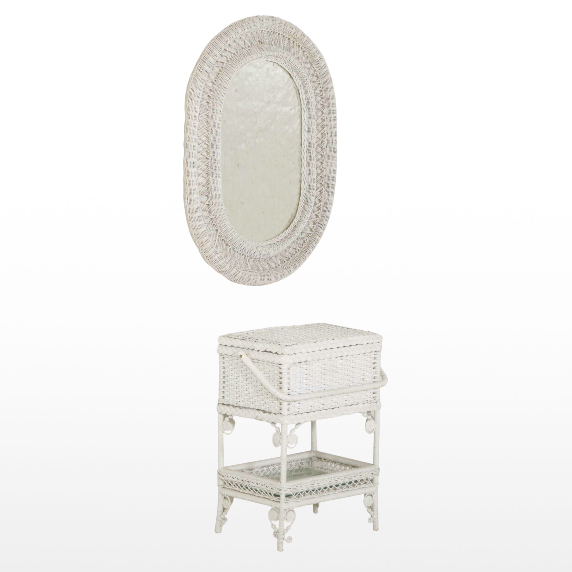 White Painted Rattan Wicker Standing Chest and Wall Mirror