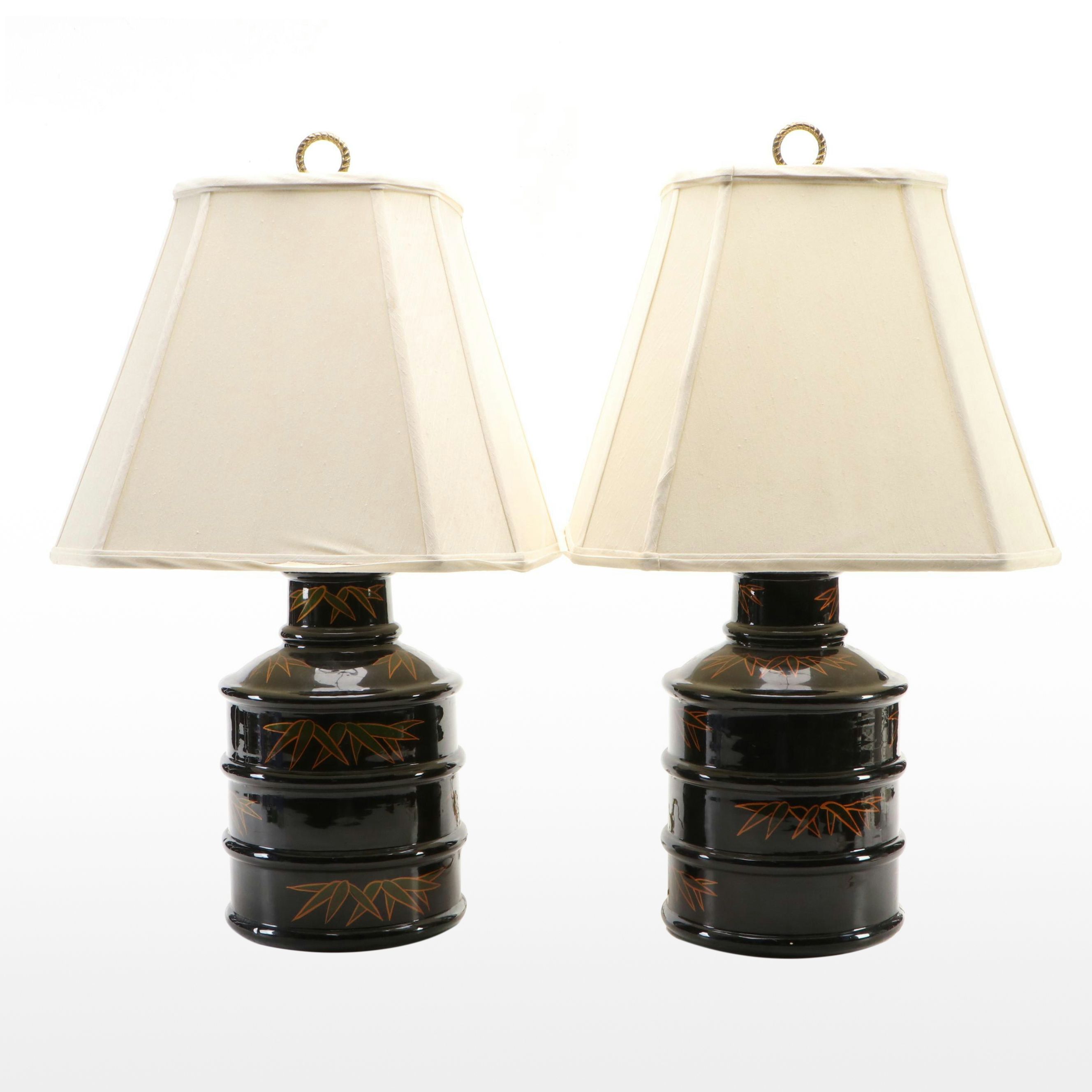 Pair of Chinese Ceramic Table Lamps with Wreath Finials and Leaf Motif