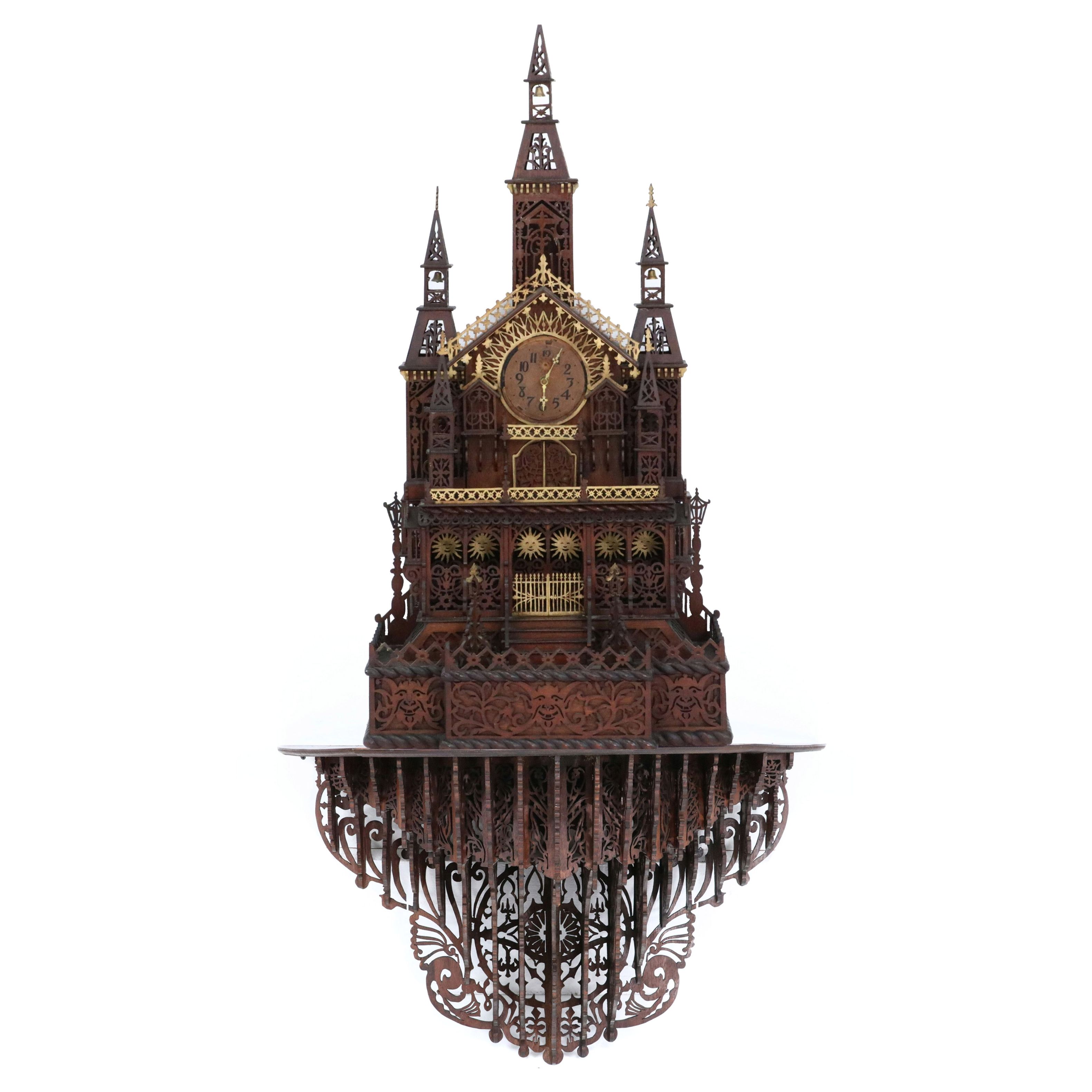 American Folk Art Fretwork Gothic Cathedral Clock with Wall Shelf, Early 20th C.