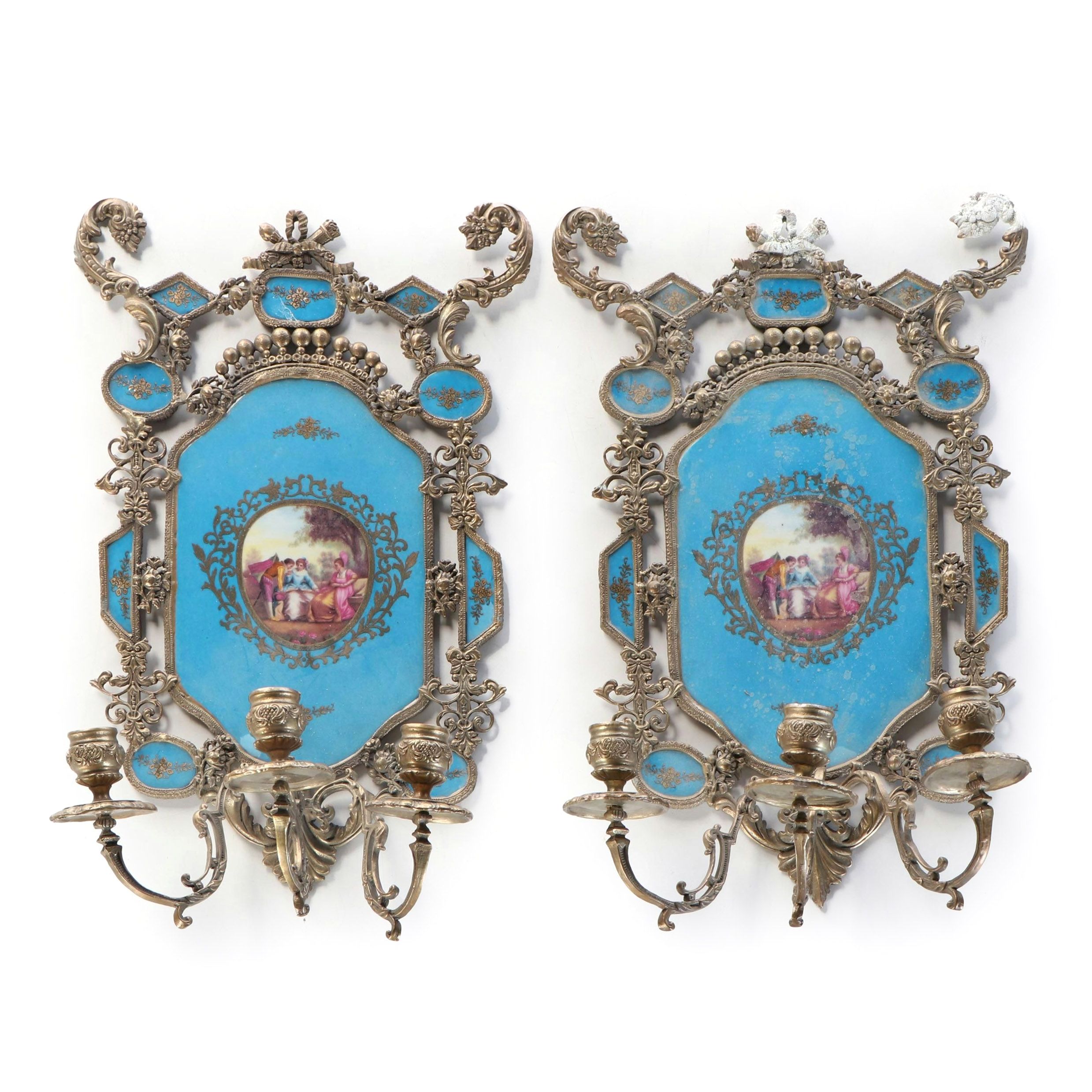 Pair of Sèvres Style Porcelain Bleu Céleste and Silver Metal Candle Sconces