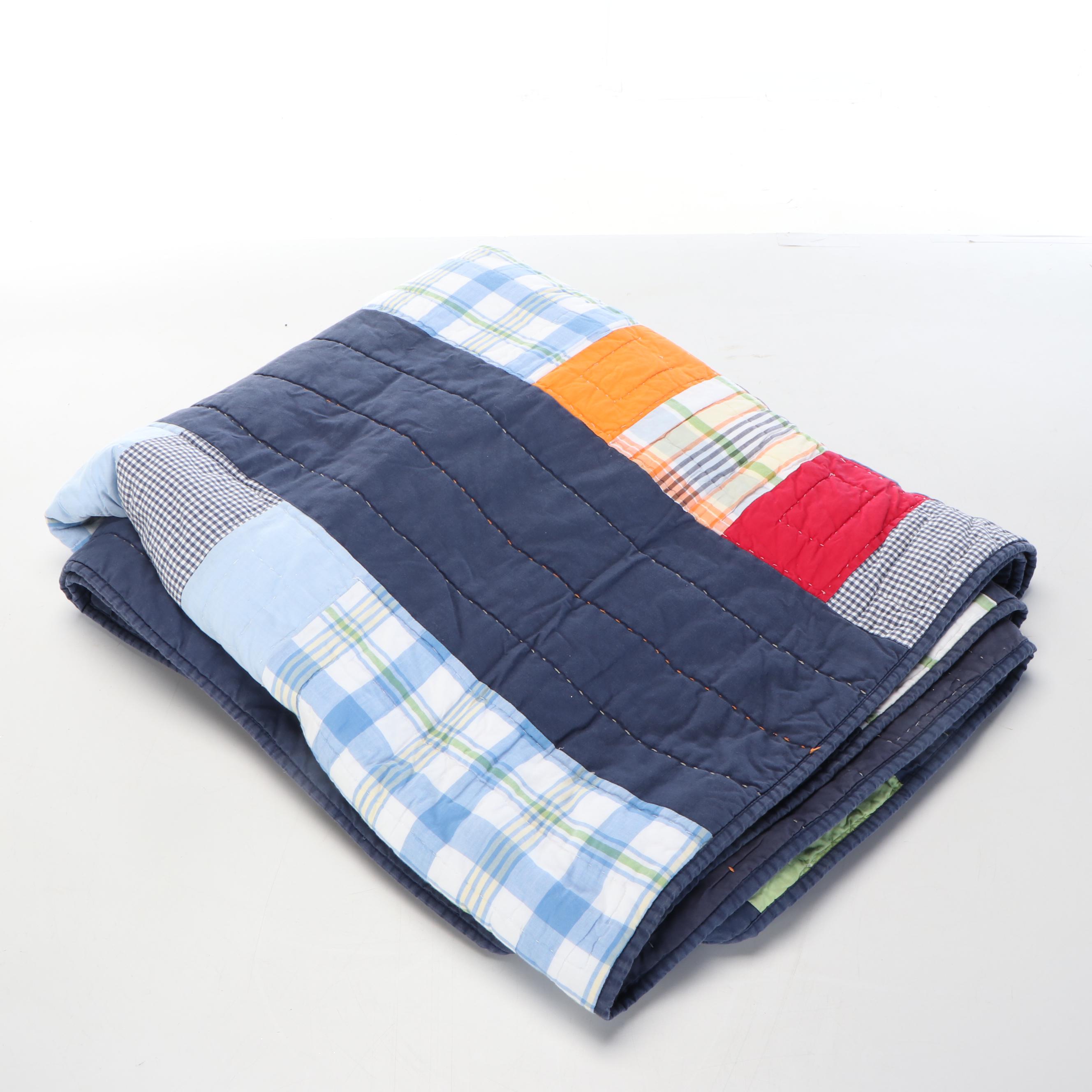 Pottery Barn Kids Plaid Patchwork Queen Quilt & Shams, Navy Gingham Bed Skirt