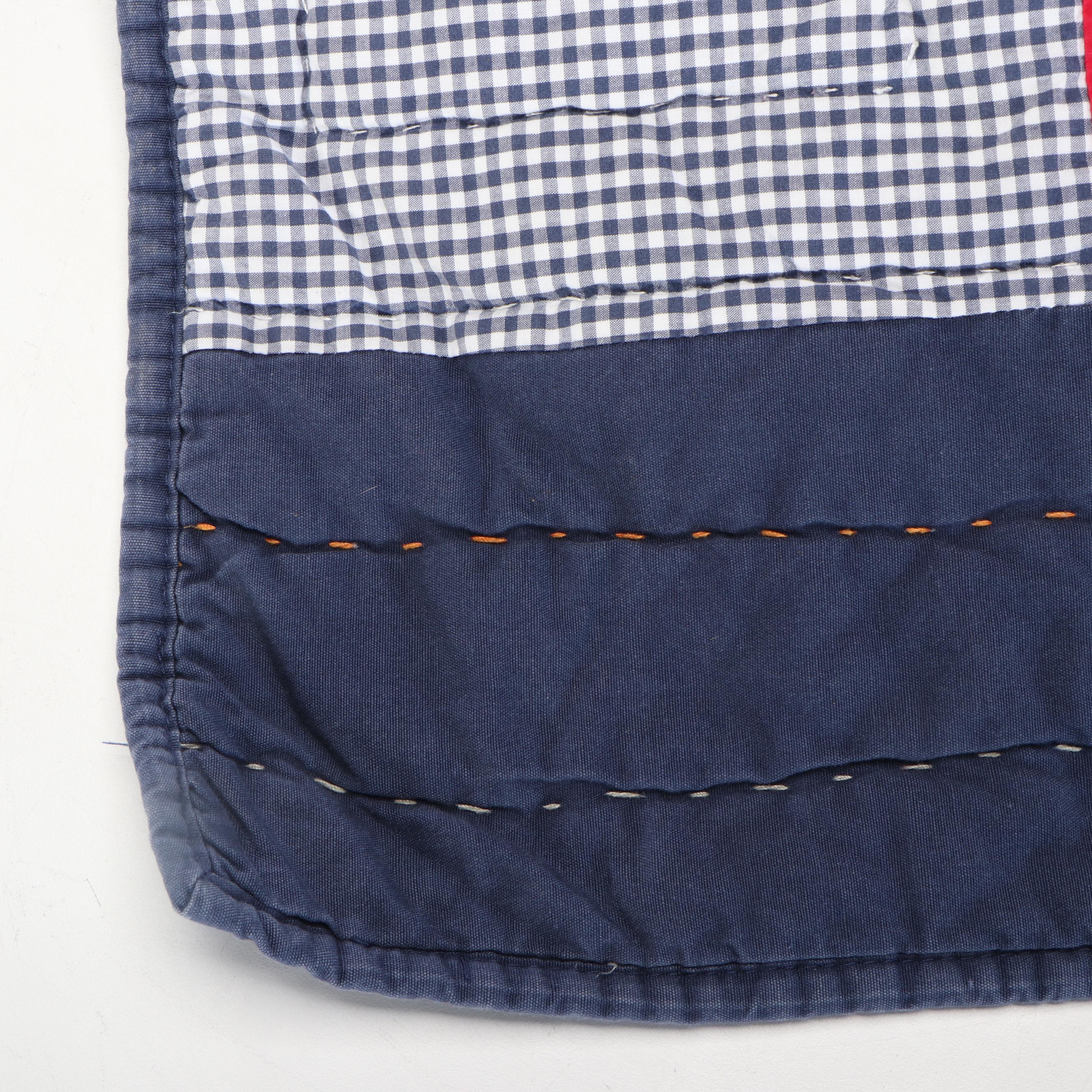 Pottery Barn Kids Plaid Patchwork Queen Quilt & Shams, Navy Gingham Bed Skirt