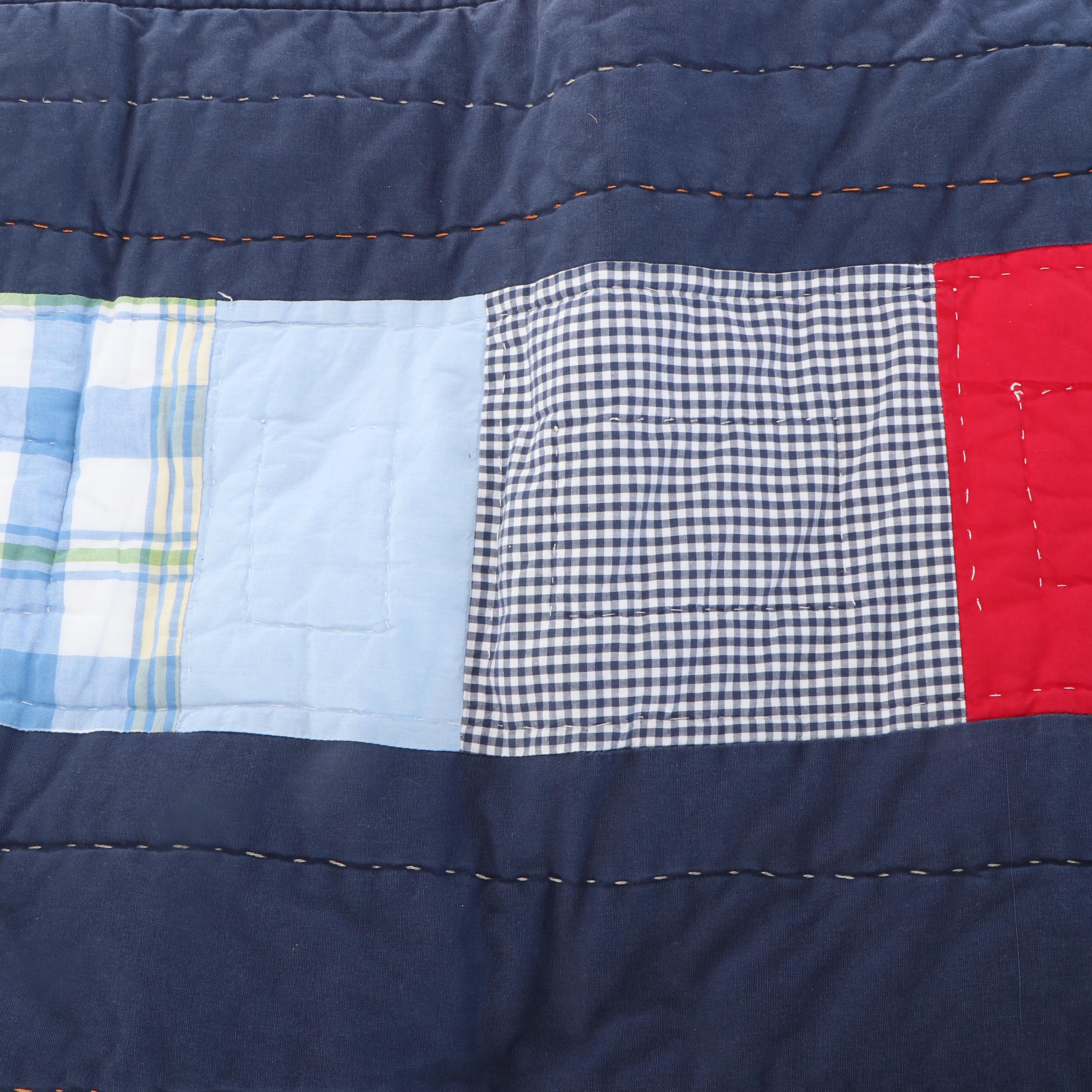 Pottery Barn Kids Plaid Patchwork Queen Quilt & Shams, Navy Gingham Bed Skirt