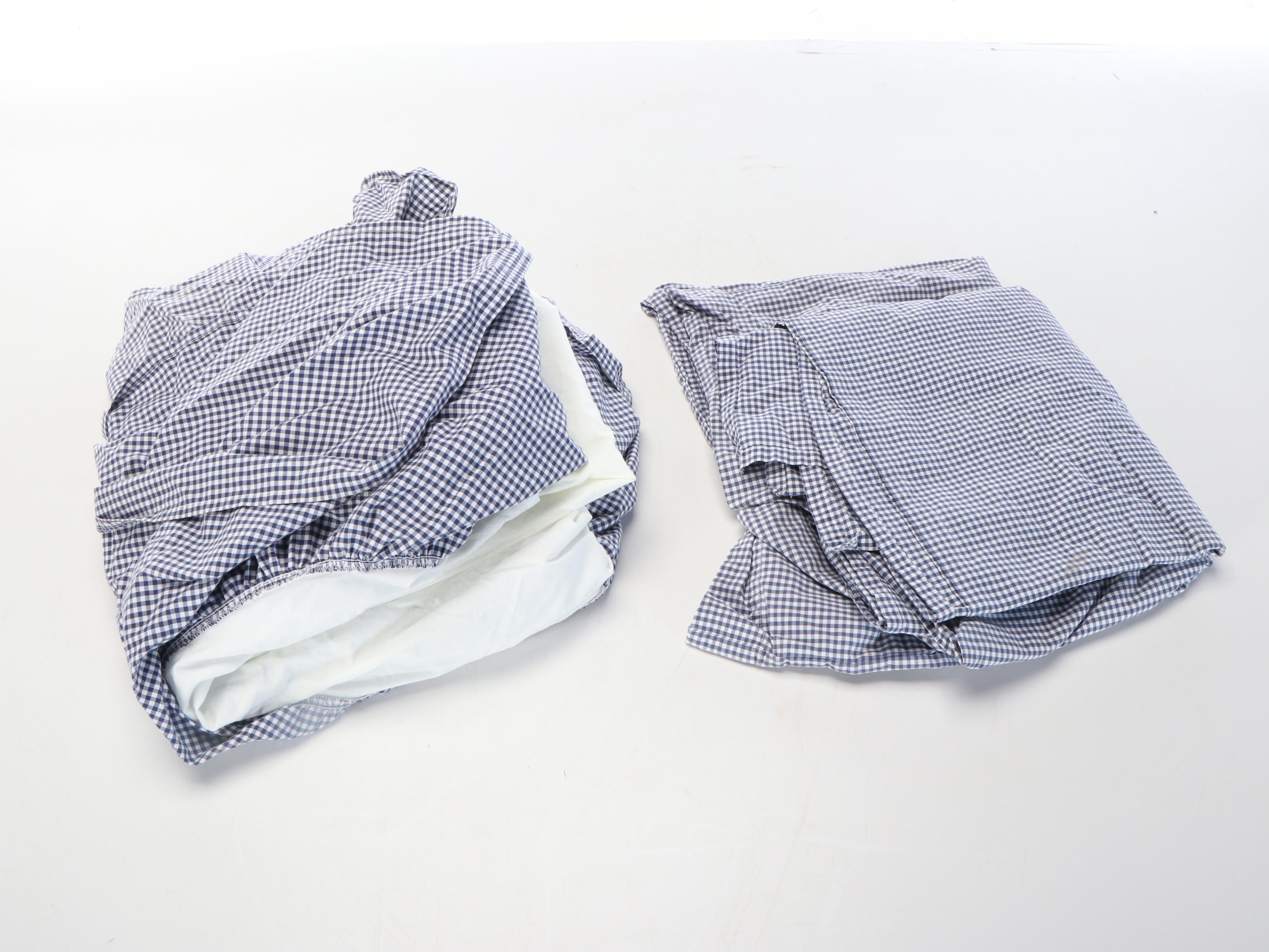 Pottery Barn Kids Plaid Patchwork Queen Quilt & Shams, Navy Gingham Bed Skirt