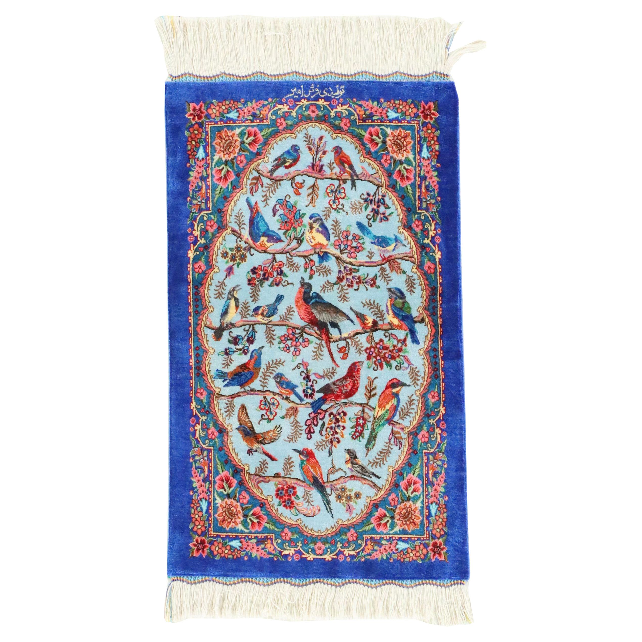 1'4 x 2'8 Hand-Knotted Persian Qom Silk Pictorial Accent Rug