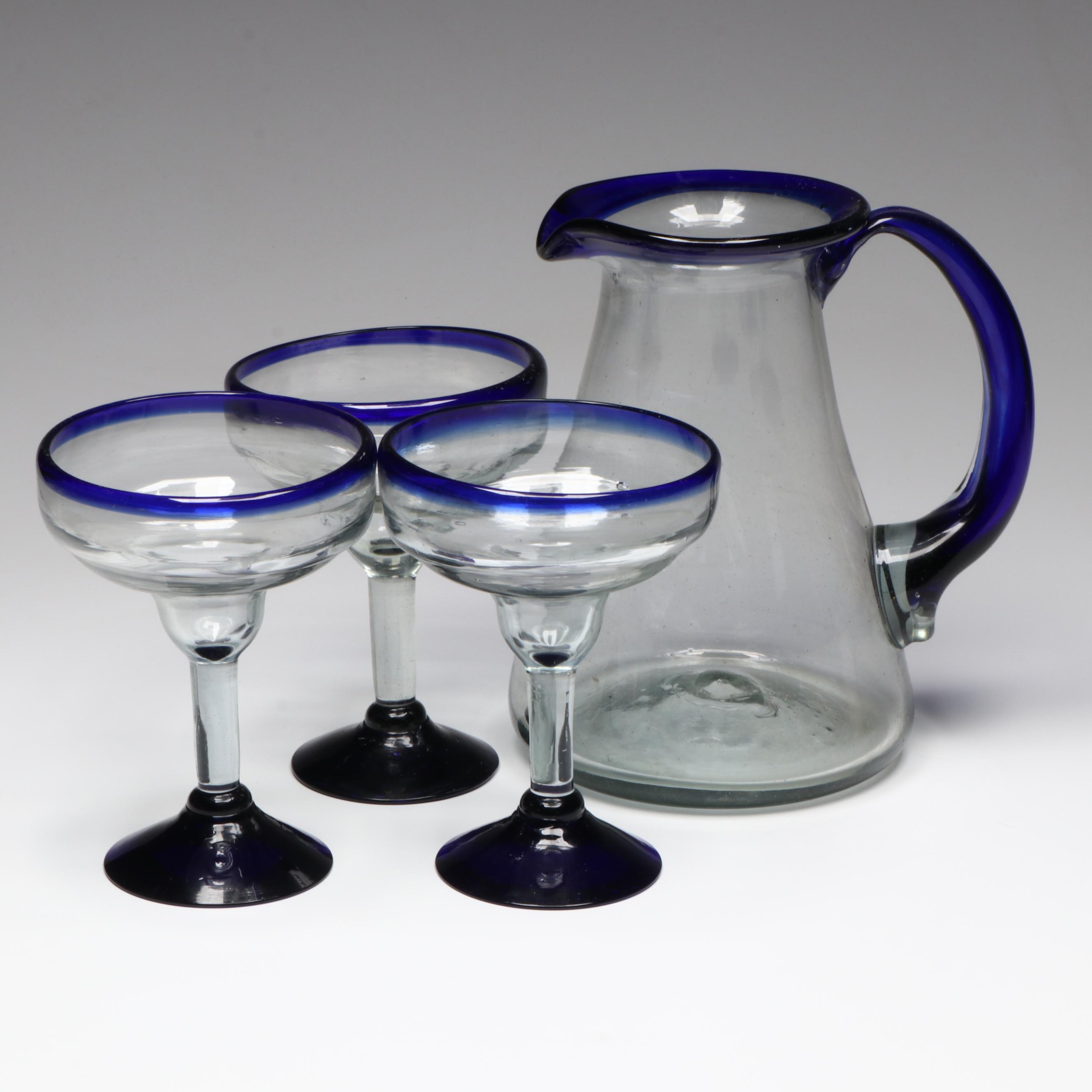 Blown Glass Cobalt Trim Margarita Glasses with Pitcher