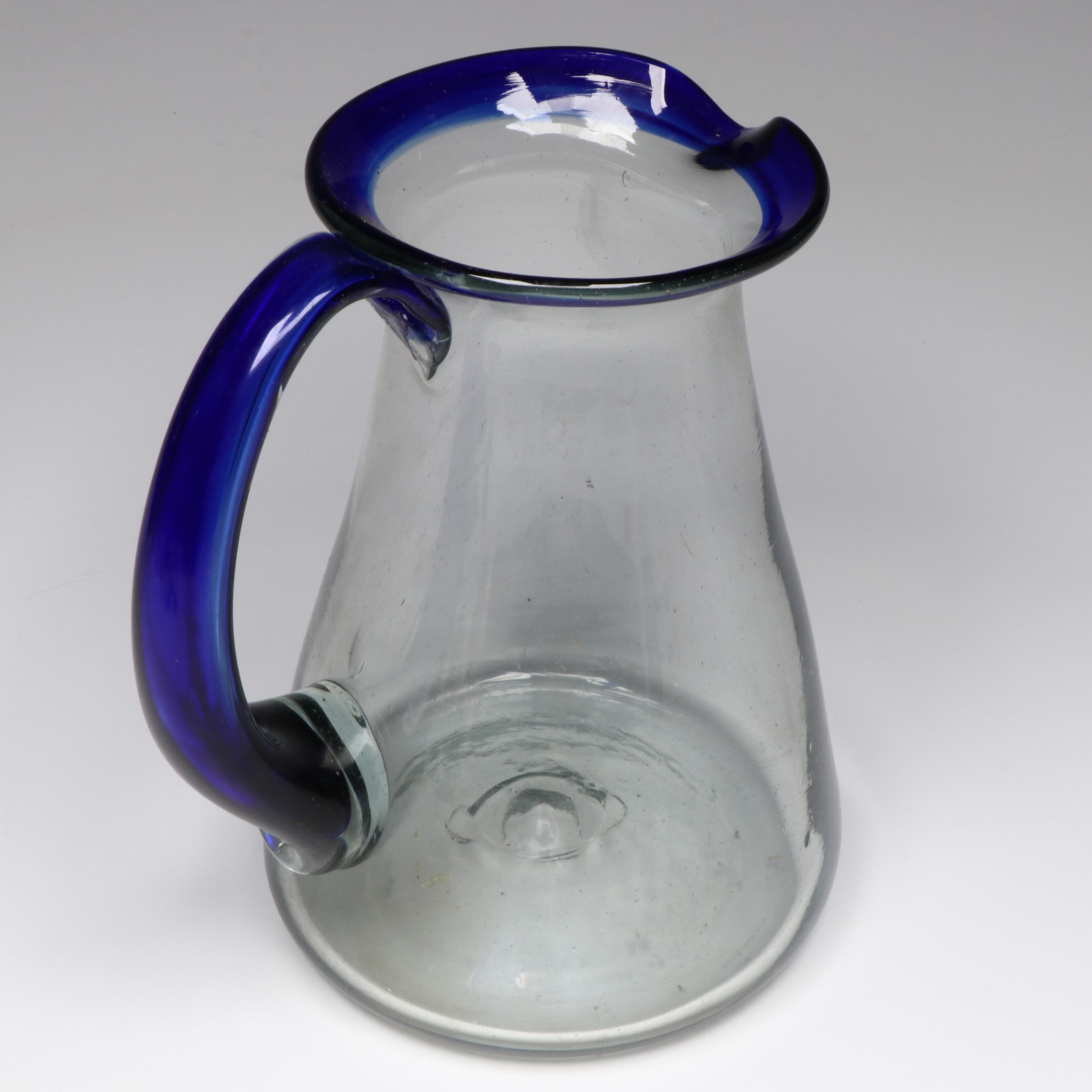 Blown Glass Cobalt Trim Margarita Glasses with Pitcher