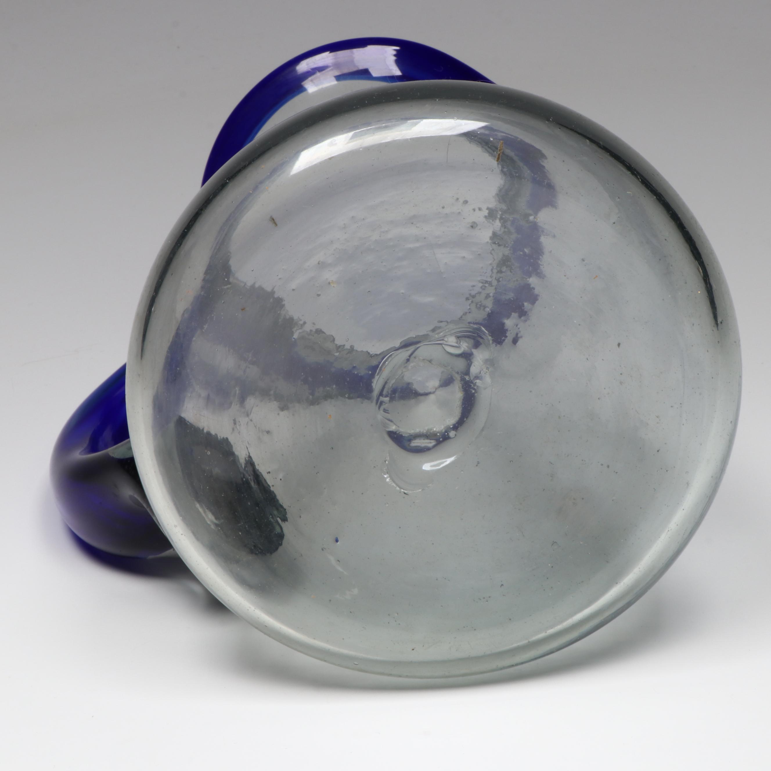 Blown Glass Cobalt Trim Margarita Glasses with Pitcher