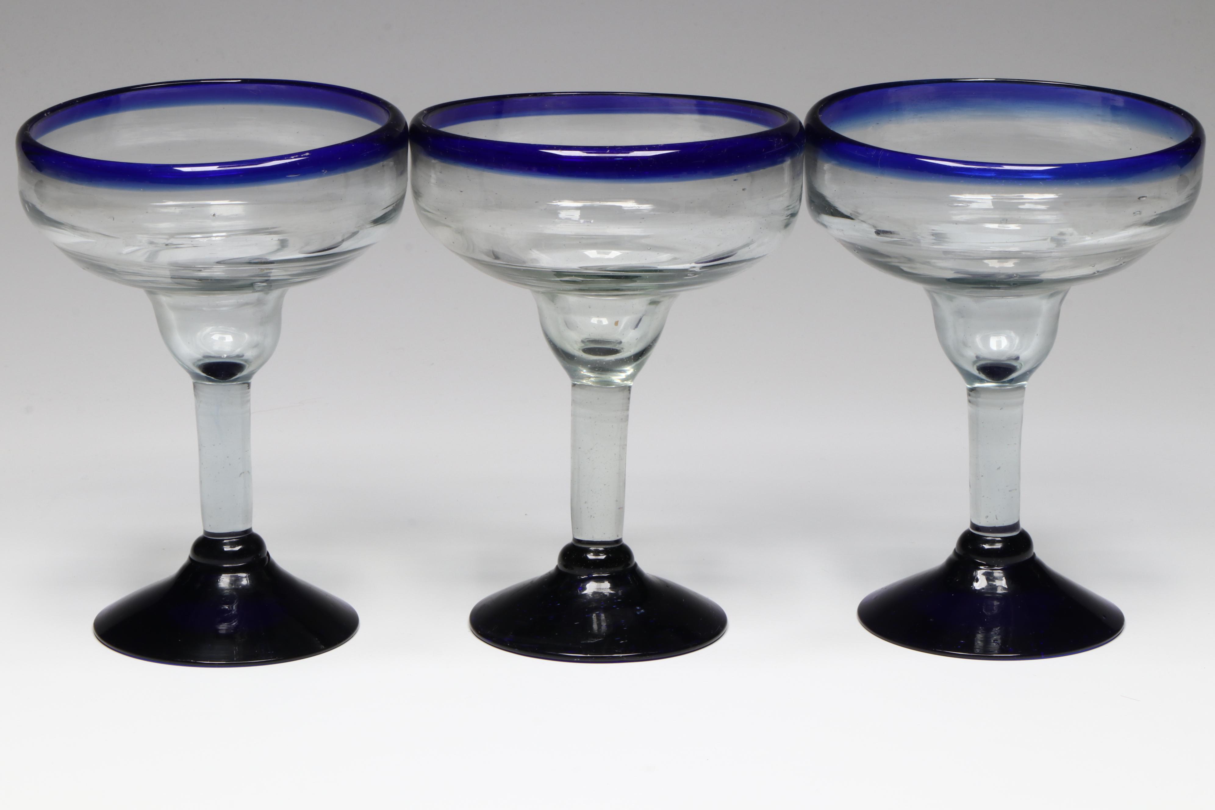 Blown Glass Cobalt Trim Margarita Glasses with Pitcher