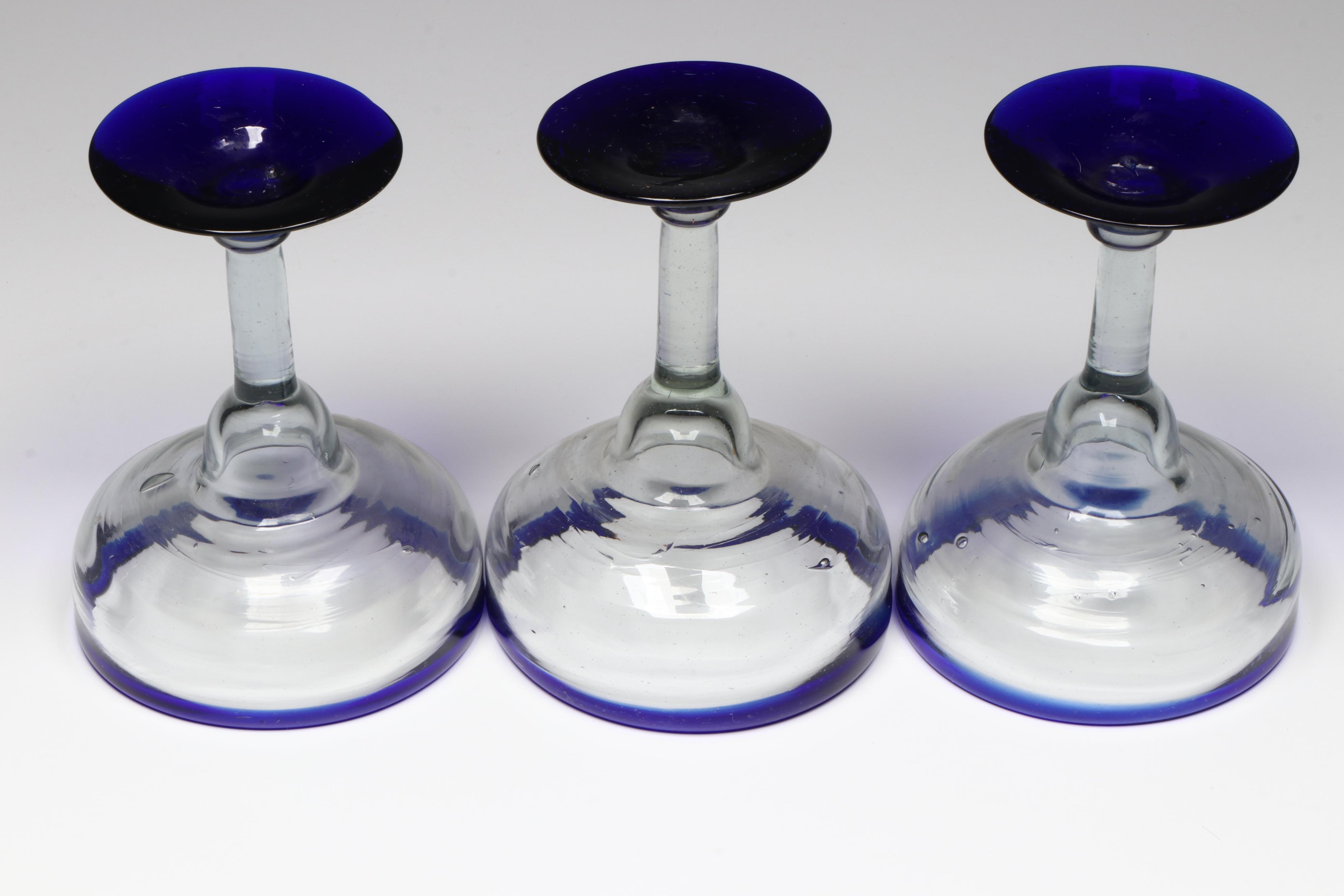 Blown Glass Cobalt Trim Margarita Glasses with Pitcher