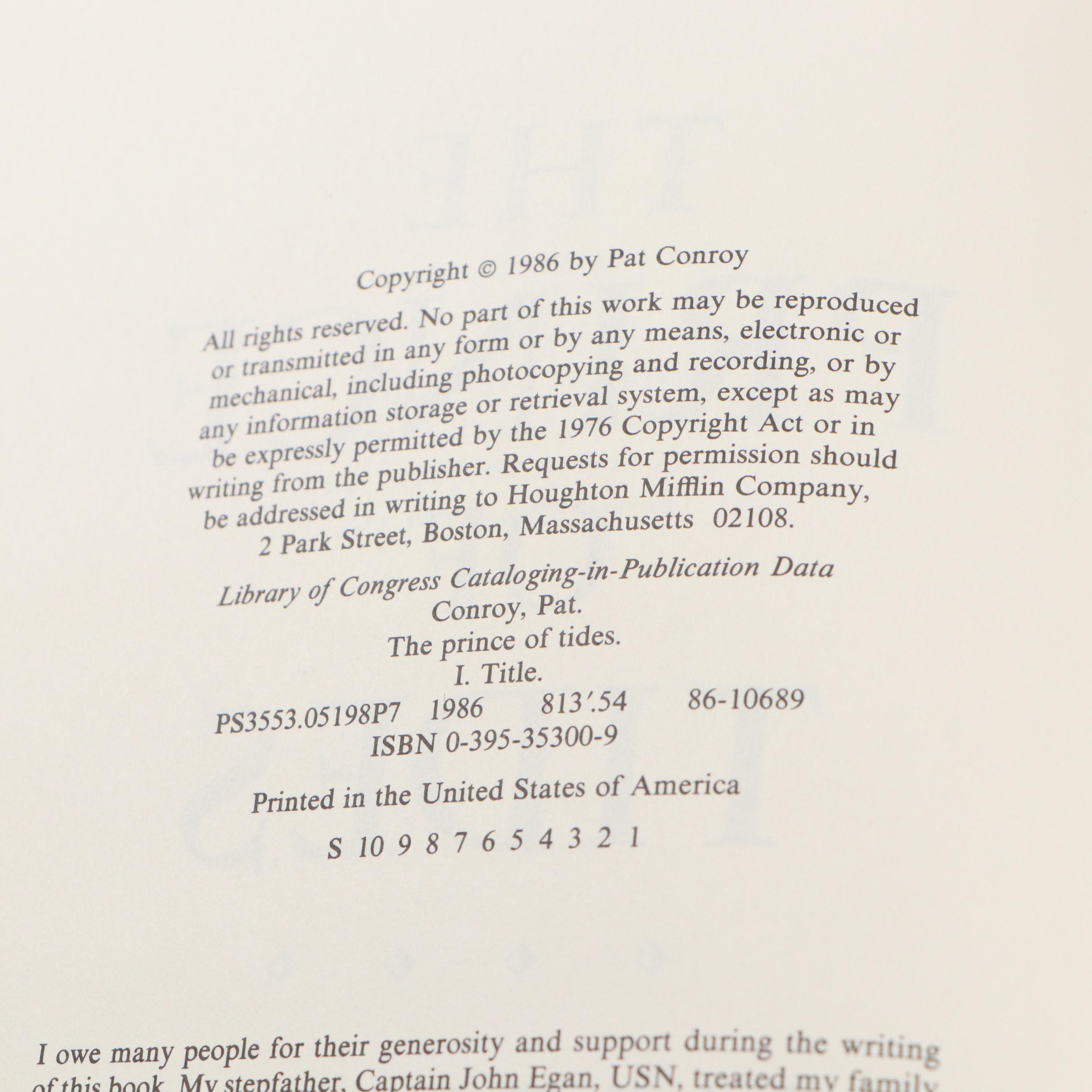 Signed First Edition "The Prince of Tides" by Pat Controy and More Books