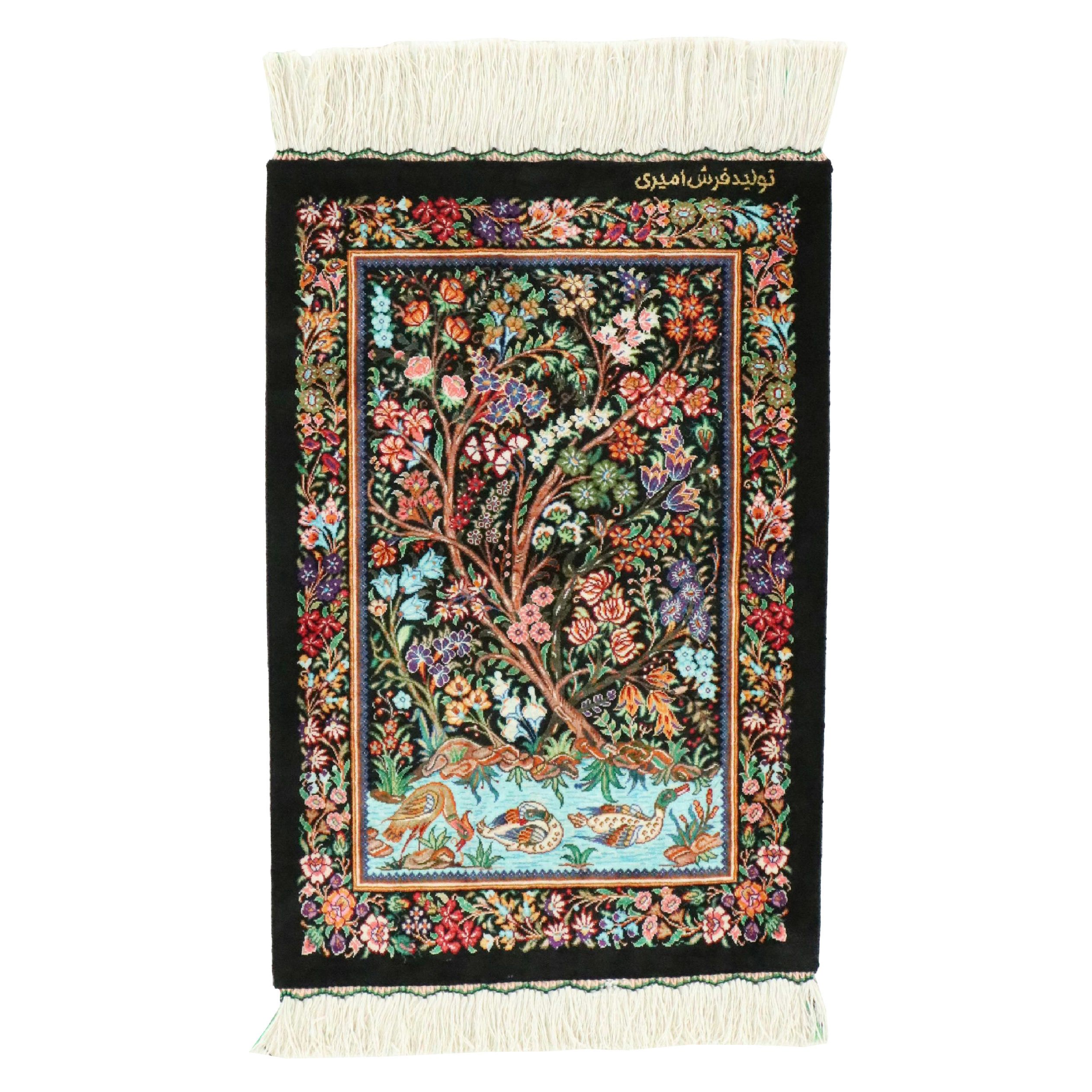 1'6 x 2'7 Hand-Knotted Persian Qom Silk Tree of Life Accent Rug