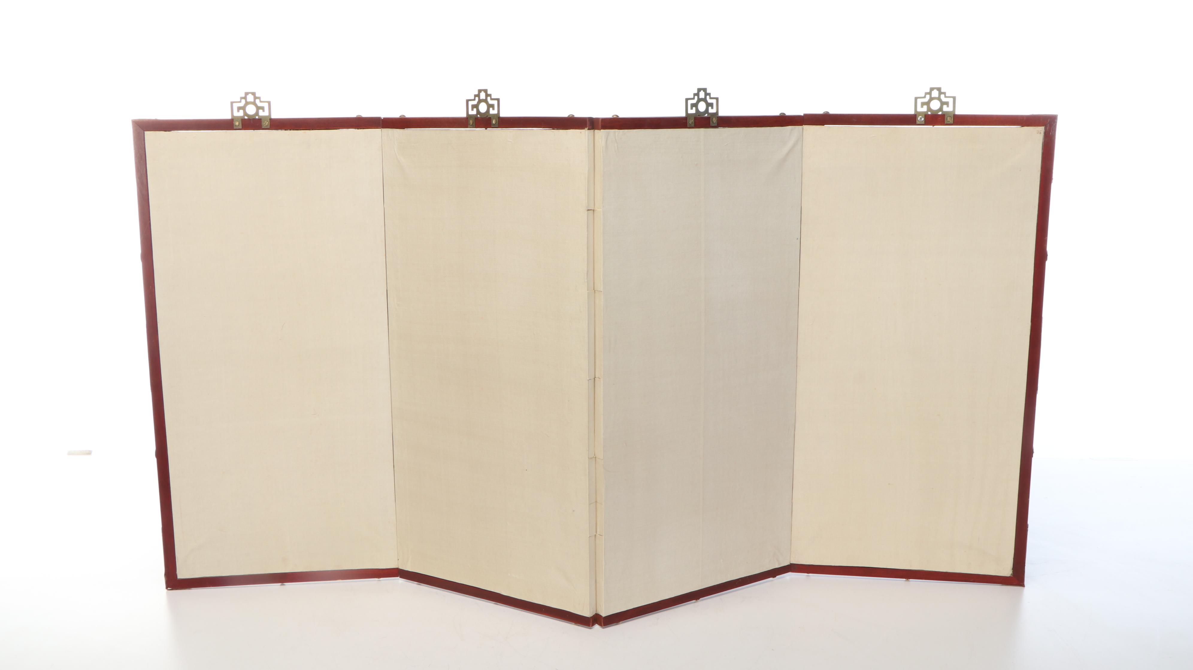 Chinese Hand-Painted Silk Four-Panel Folding Screen