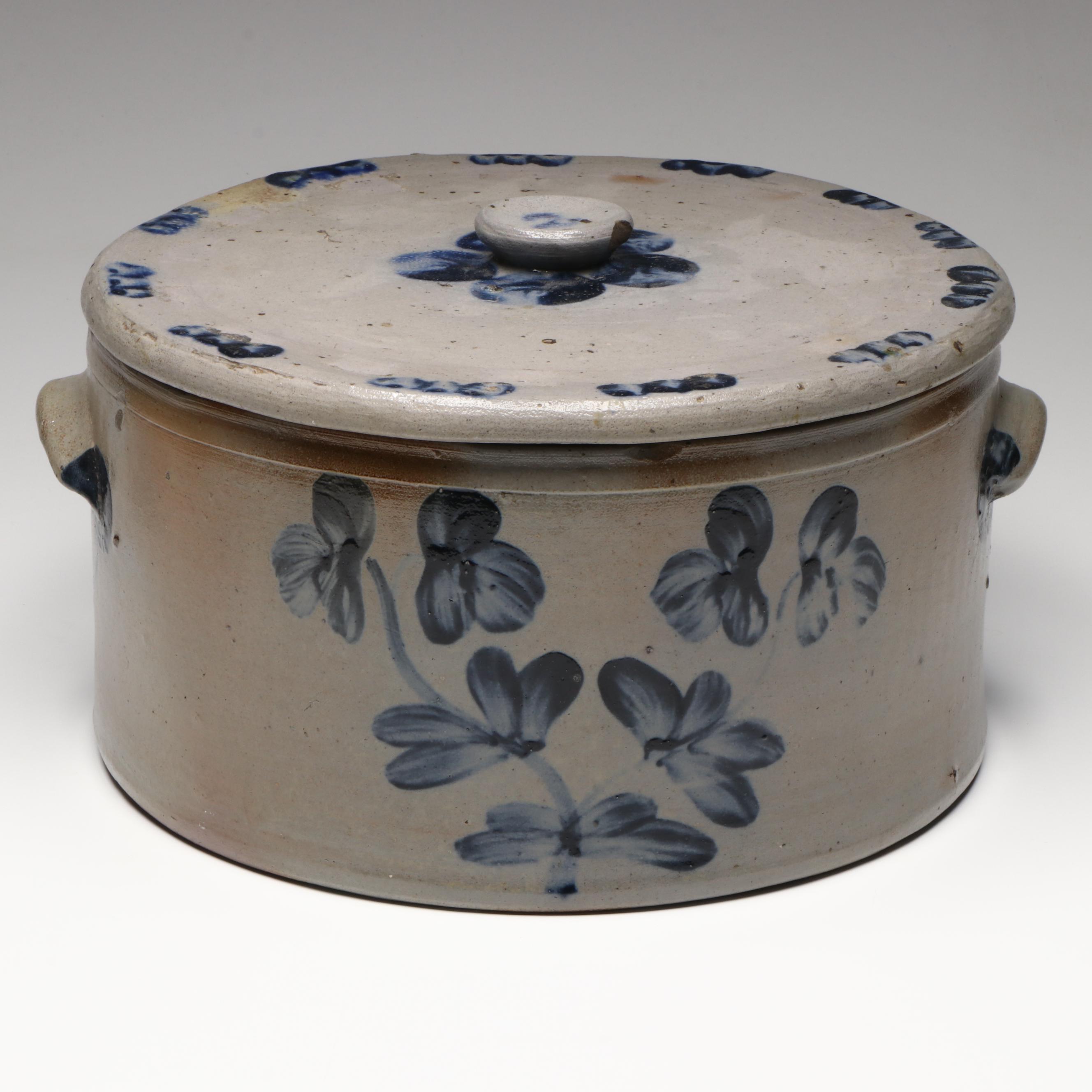 Two-Gallon Salt Glaze Stoneware Cake Crock with Lid, 19th Century