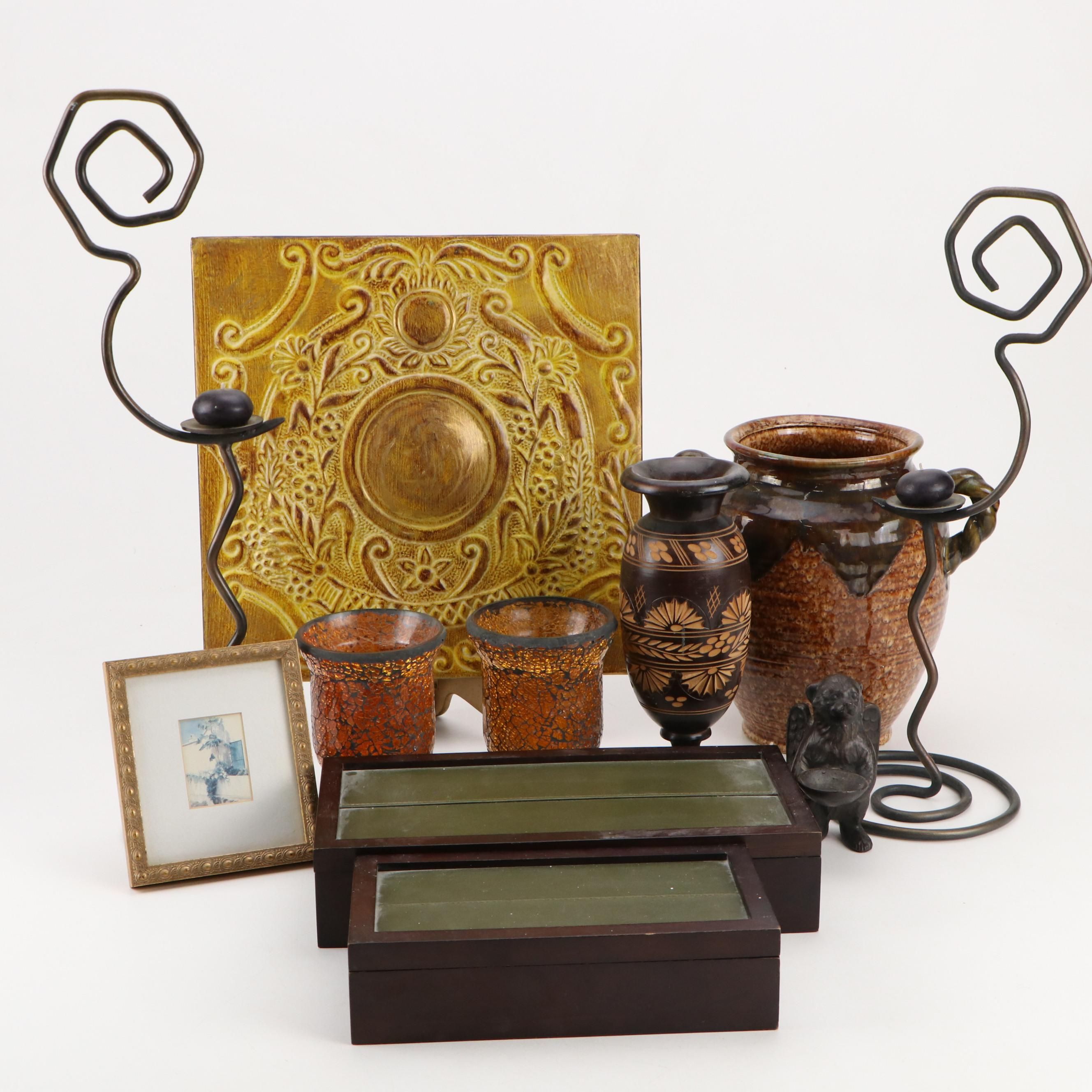 Stoneware Jar with Yugoslav Carved Wood Urn, Pressed Tin Tile and More