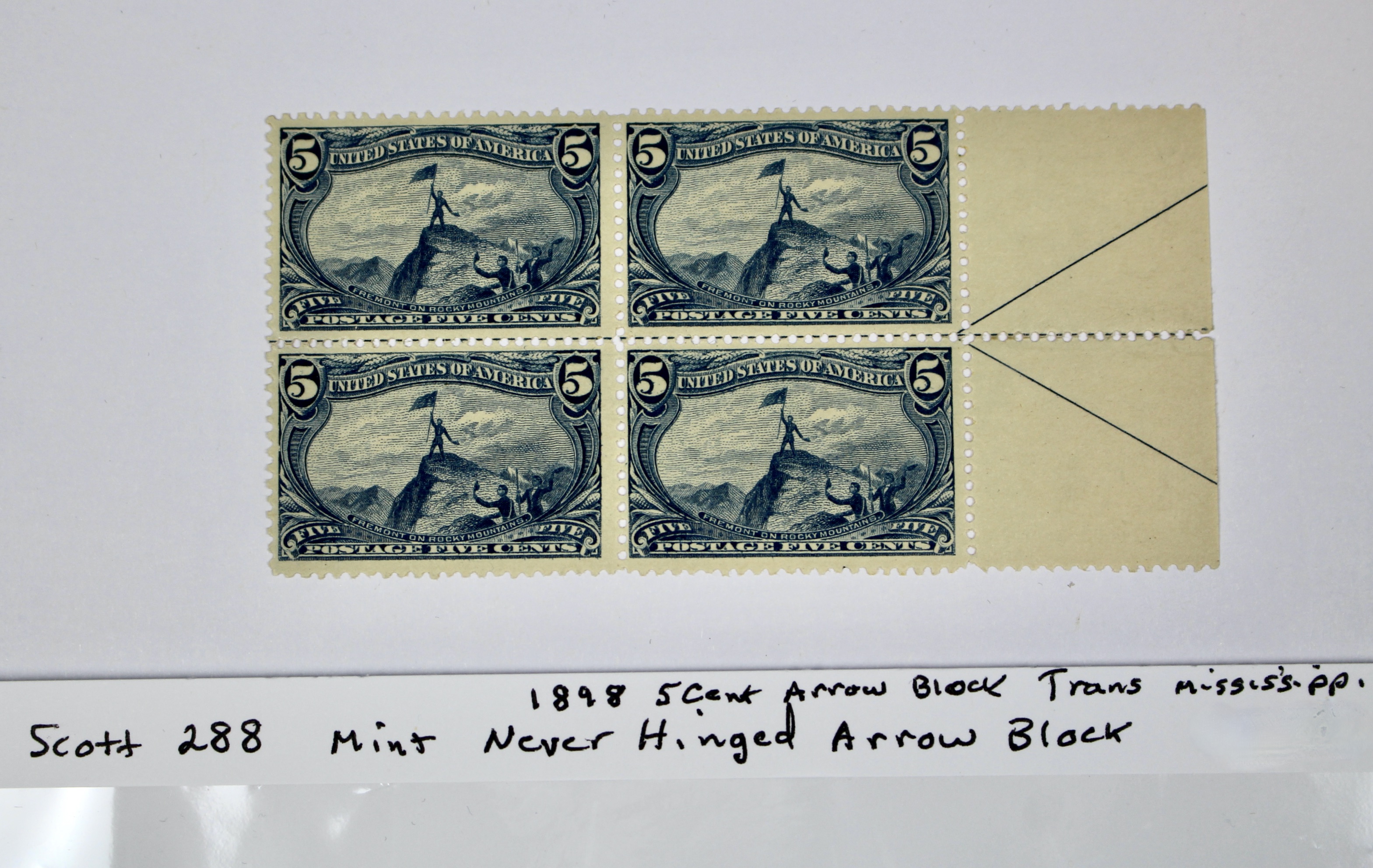 1898 5-Cent Trans-Mississippi Postage Stamp Arrow Block, Scott 288, MNH