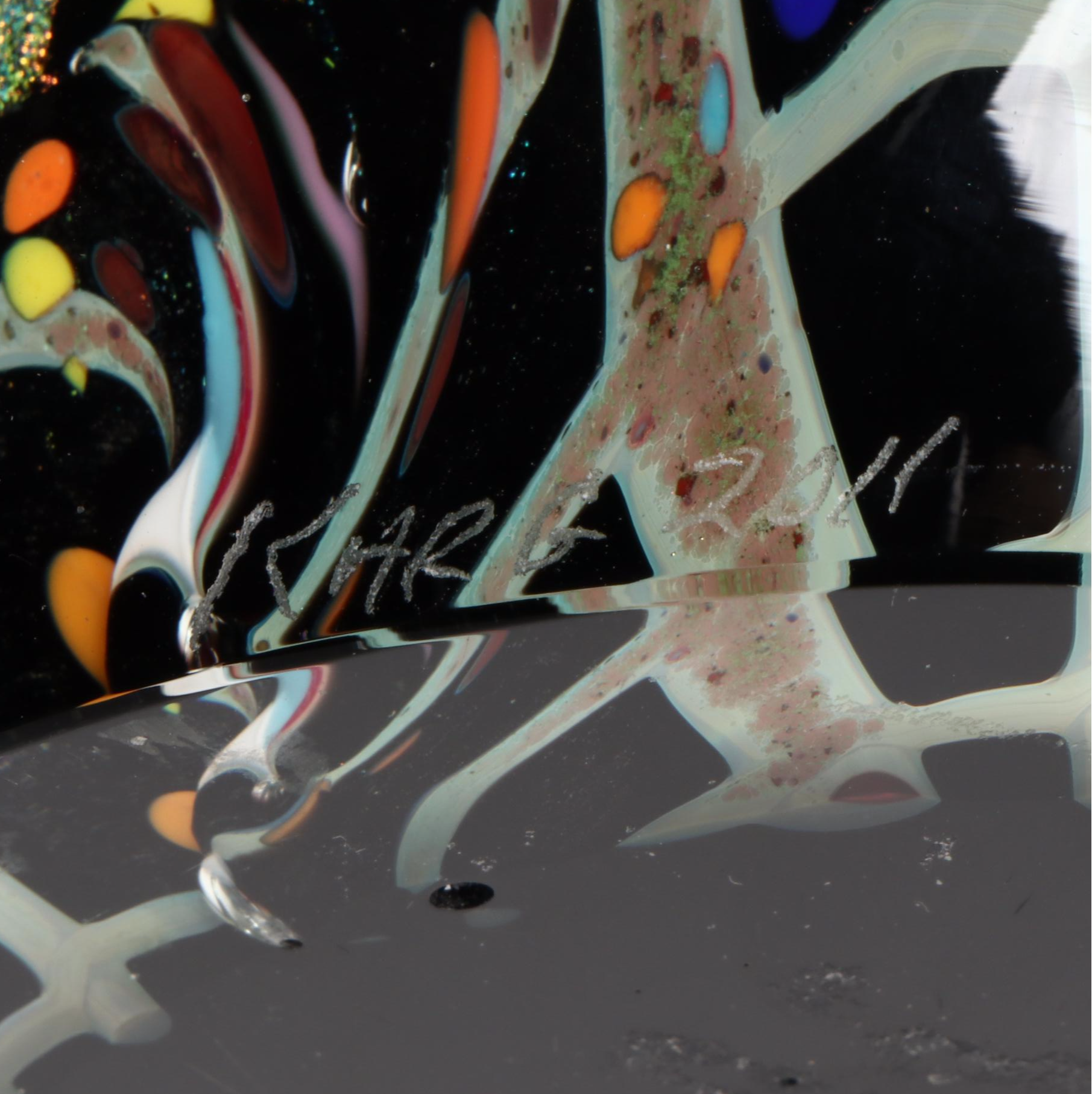 Rollin Karg Dichroic and Multicolor Mottled Studio Art Glass Sculpture, 2011