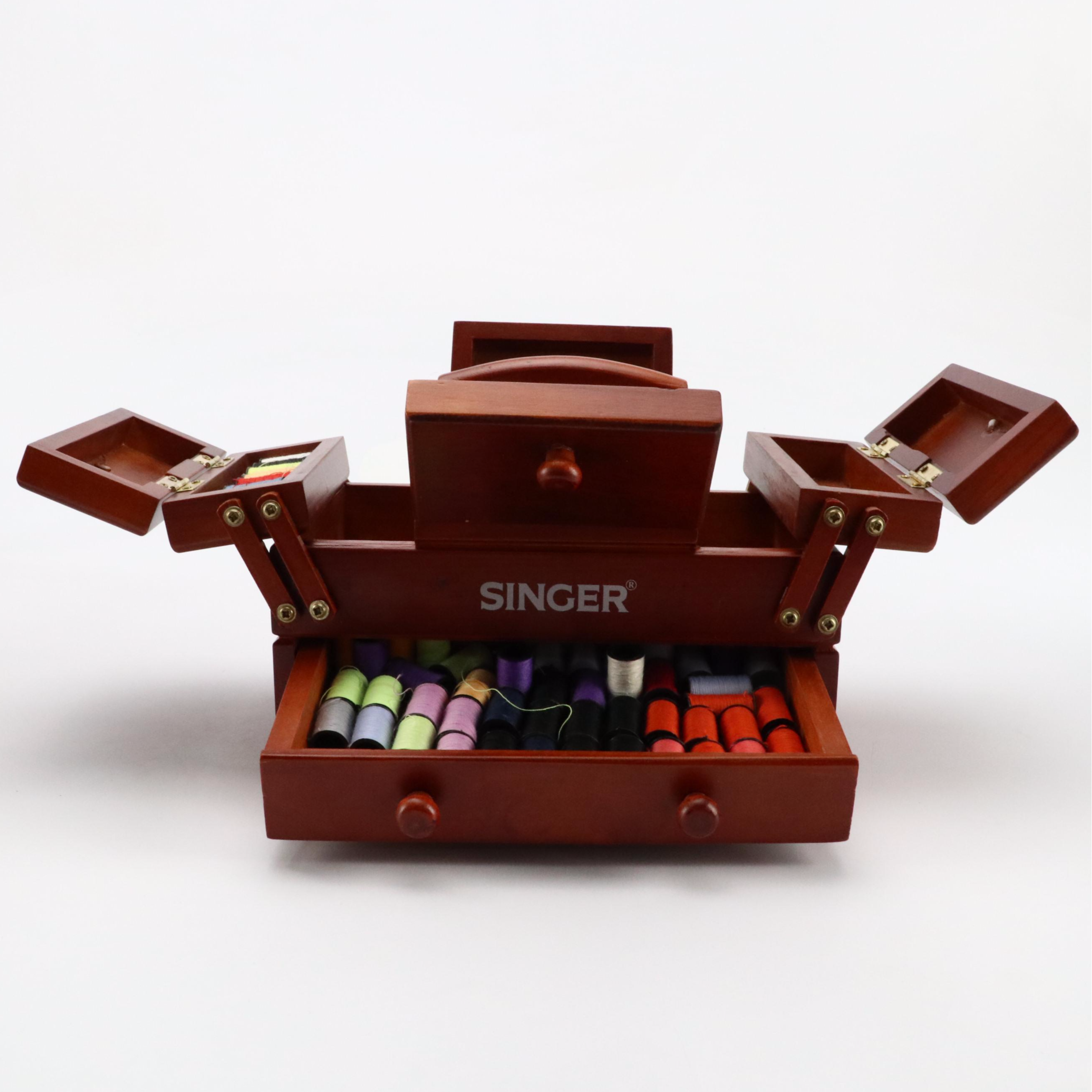 Longaberger Ceramic Pitcher and Woven Baskets with Singer Box and Footstool