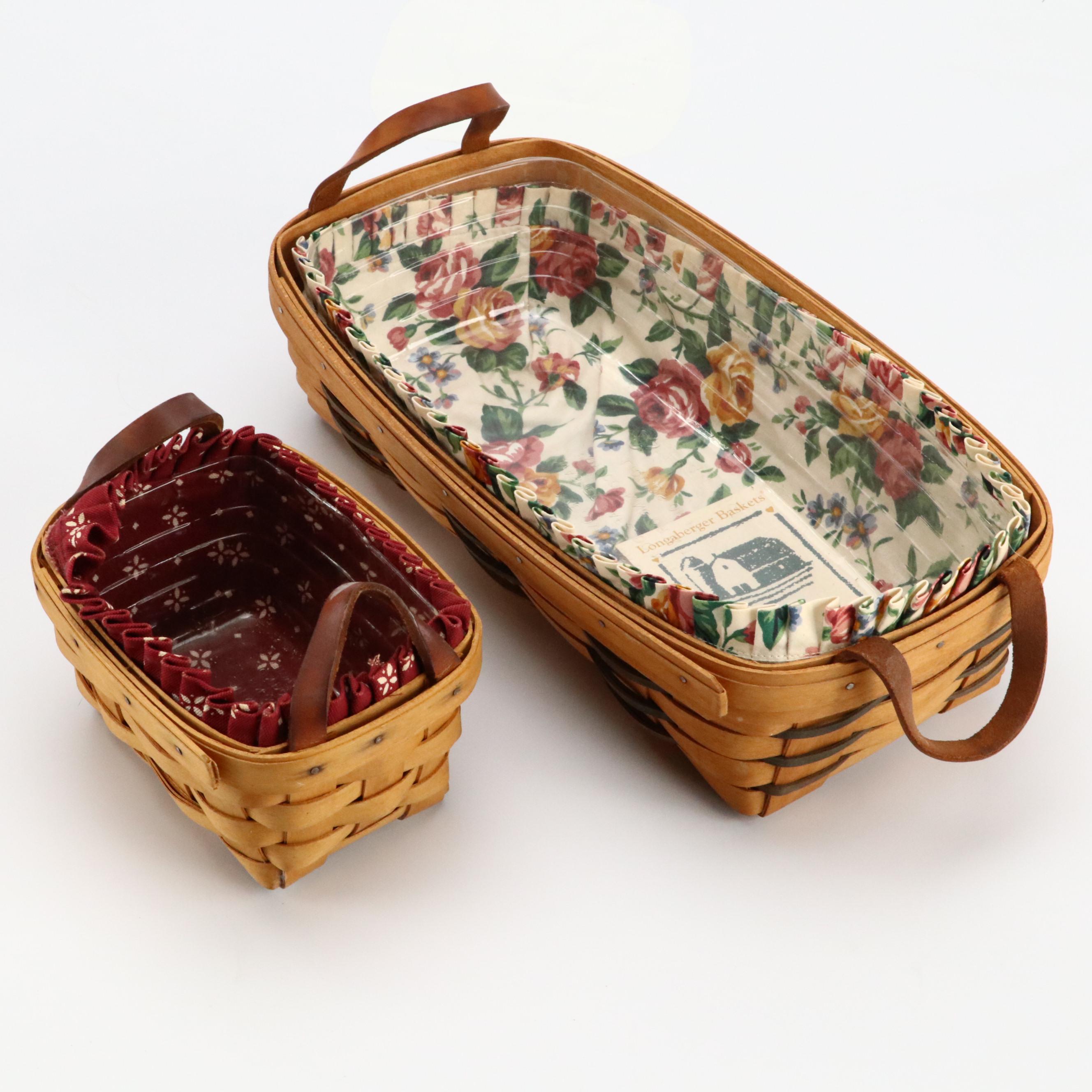 Longaberger Ceramic Pitcher and Woven Baskets with Singer Box and Footstool