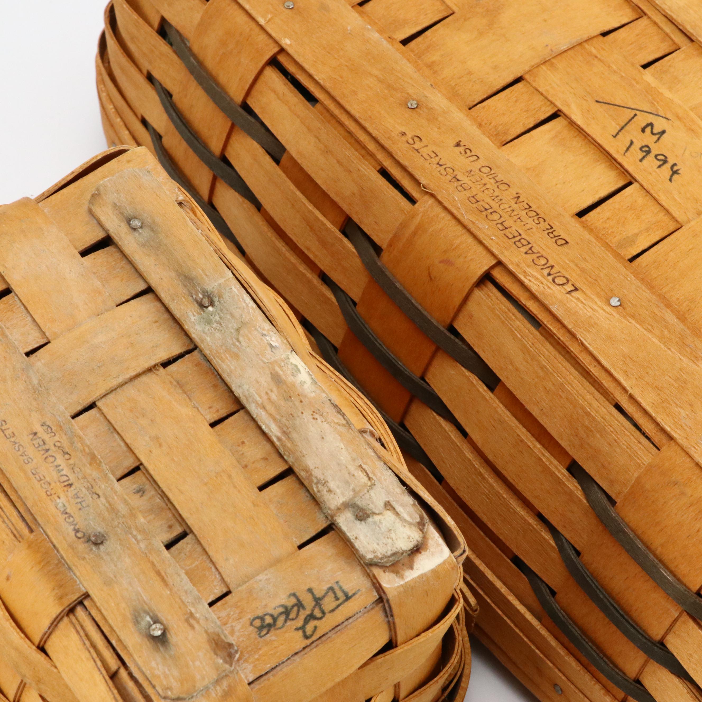 Longaberger Ceramic Pitcher and Woven Baskets with Singer Box and Footstool
