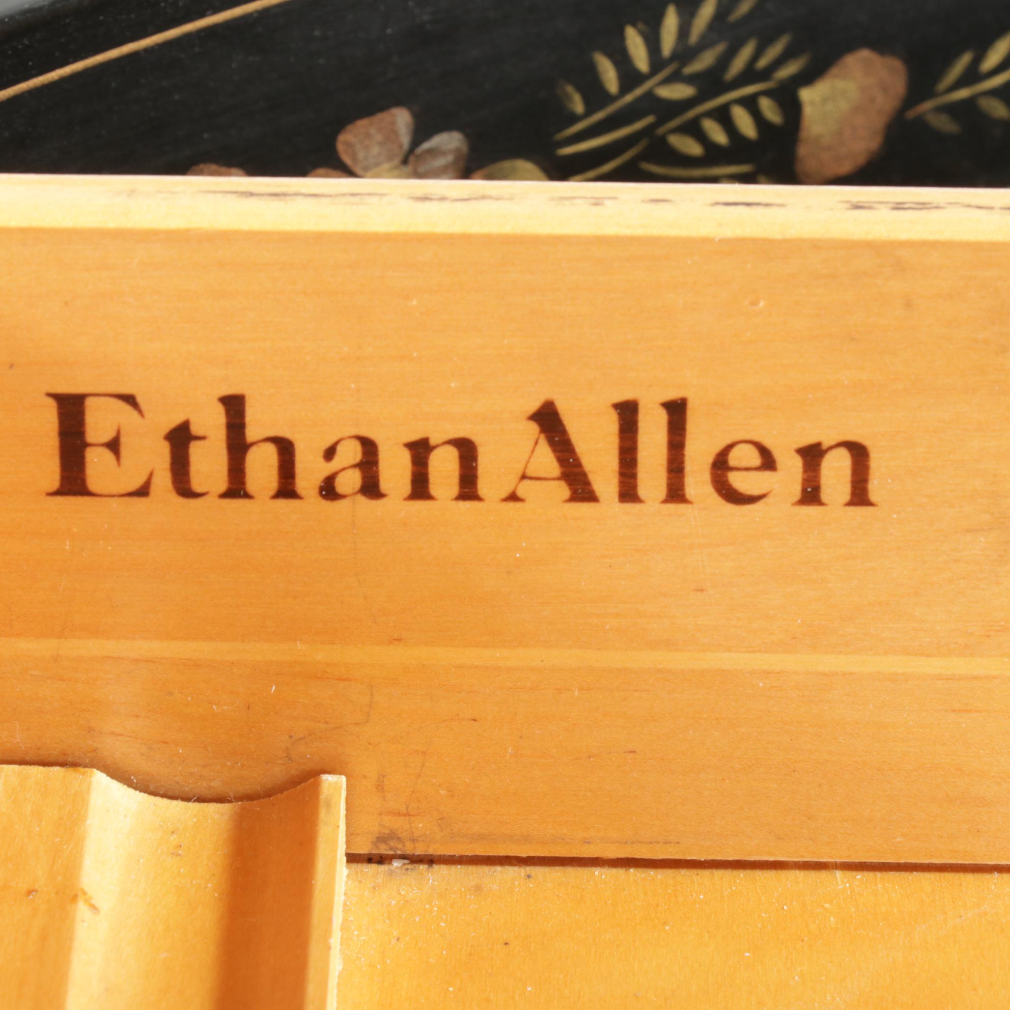 Ethan Allen Stencil Decorated Ebonized Wood Writing Desk and Rush Seat Stool