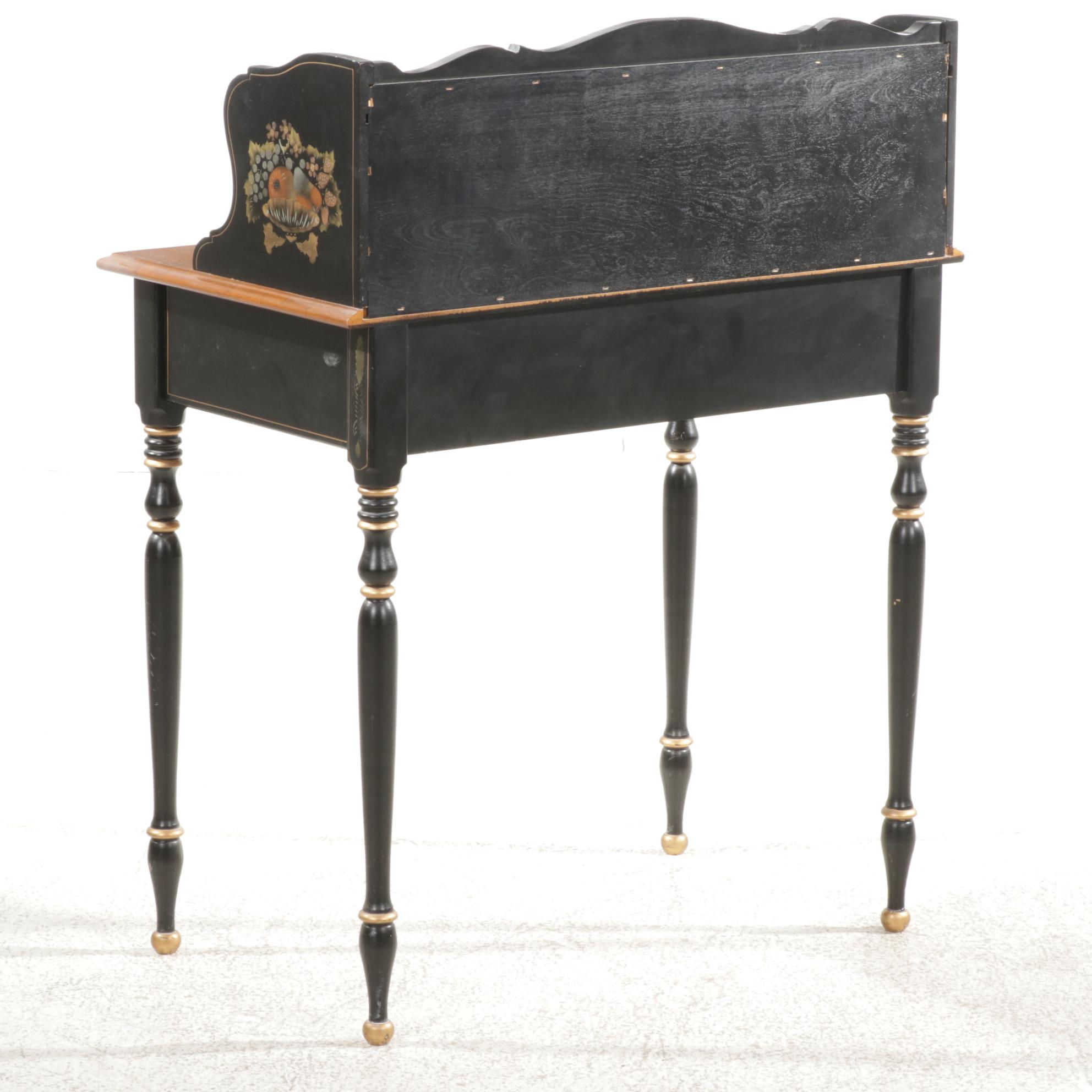 Ethan Allen Stencil Decorated Ebonized Wood Writing Desk and Rush Seat Stool