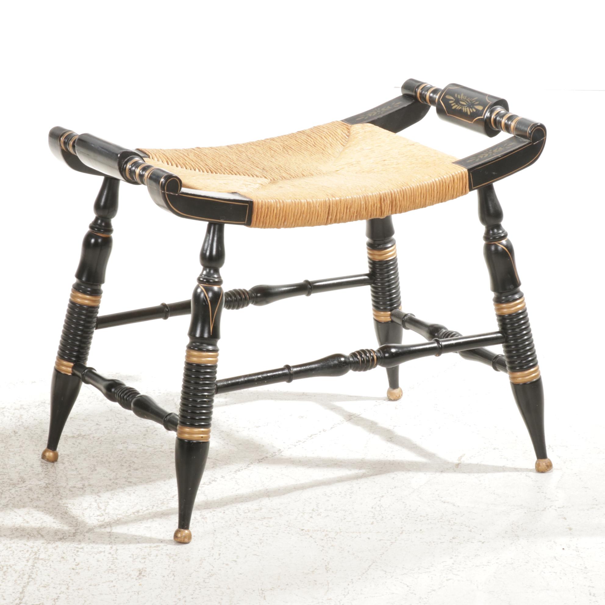 Ethan Allen Stencil Decorated Ebonized Wood Writing Desk and Rush Seat Stool