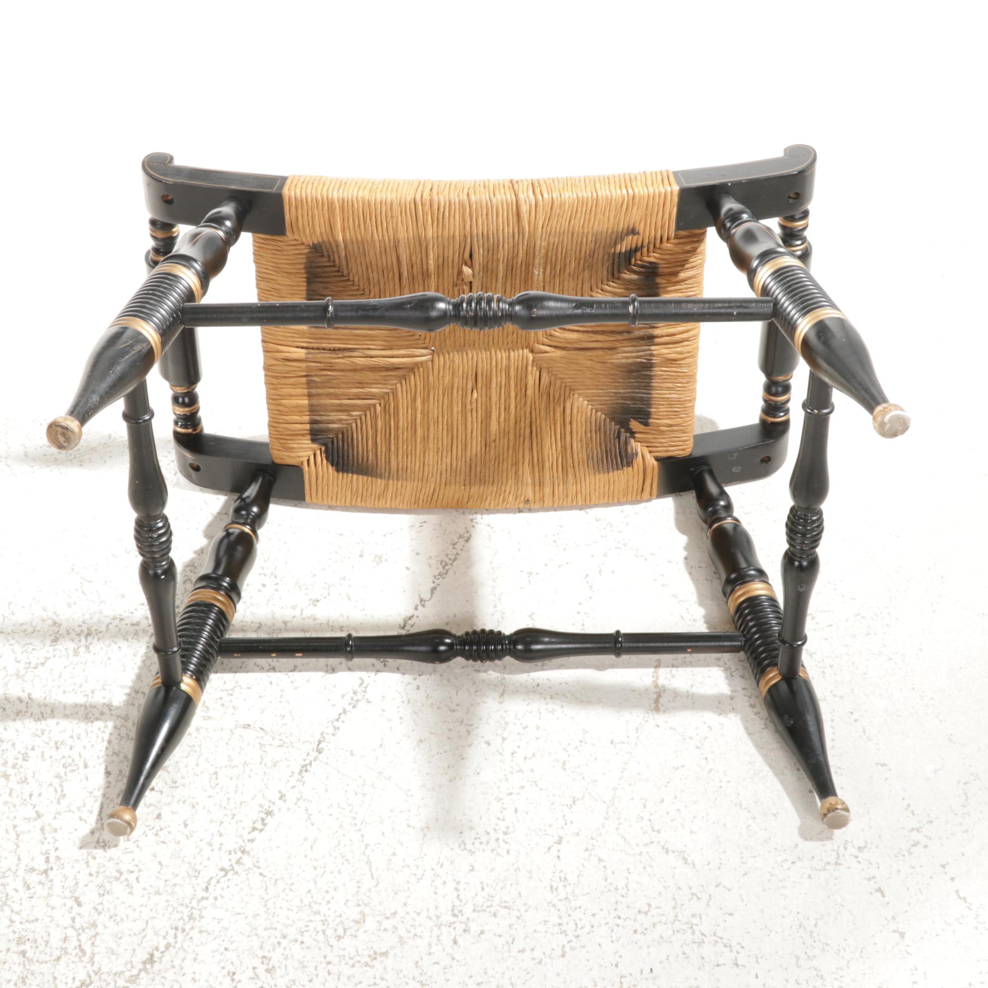 Ethan Allen Stencil Decorated Ebonized Wood Writing Desk and Rush Seat Stool