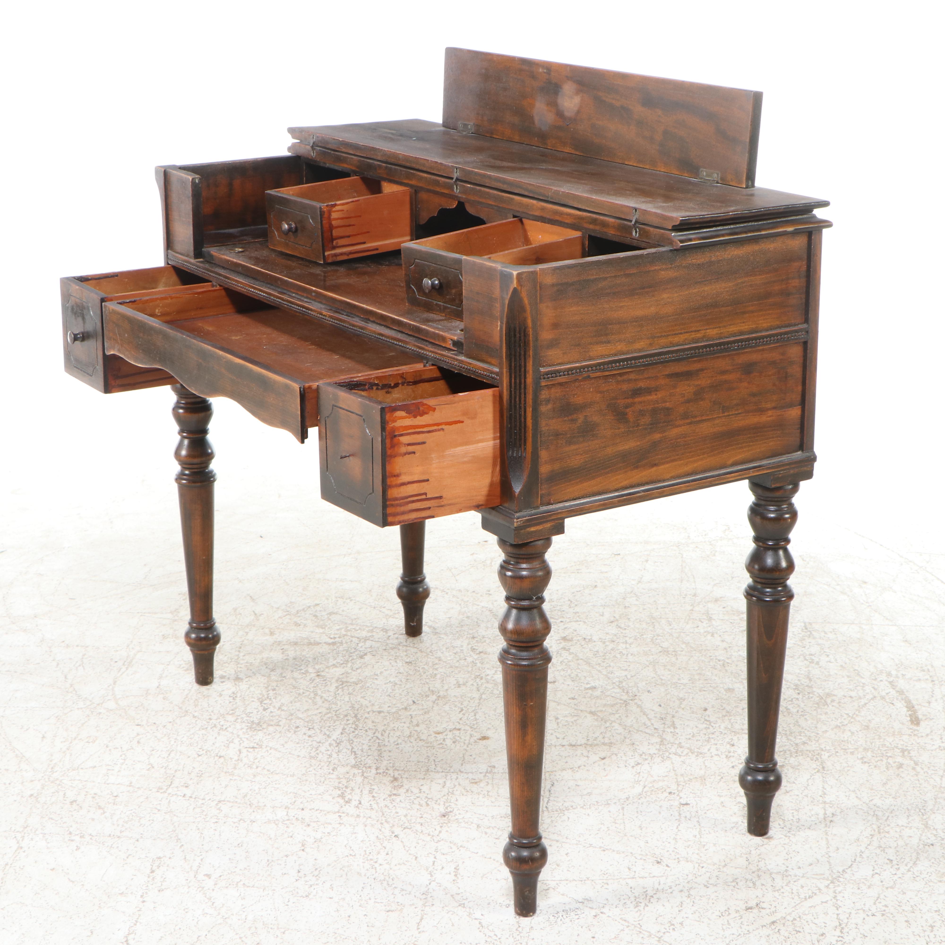 Walnut-Finished Wood Spinet Desk with Victorian Walnut Side Chair