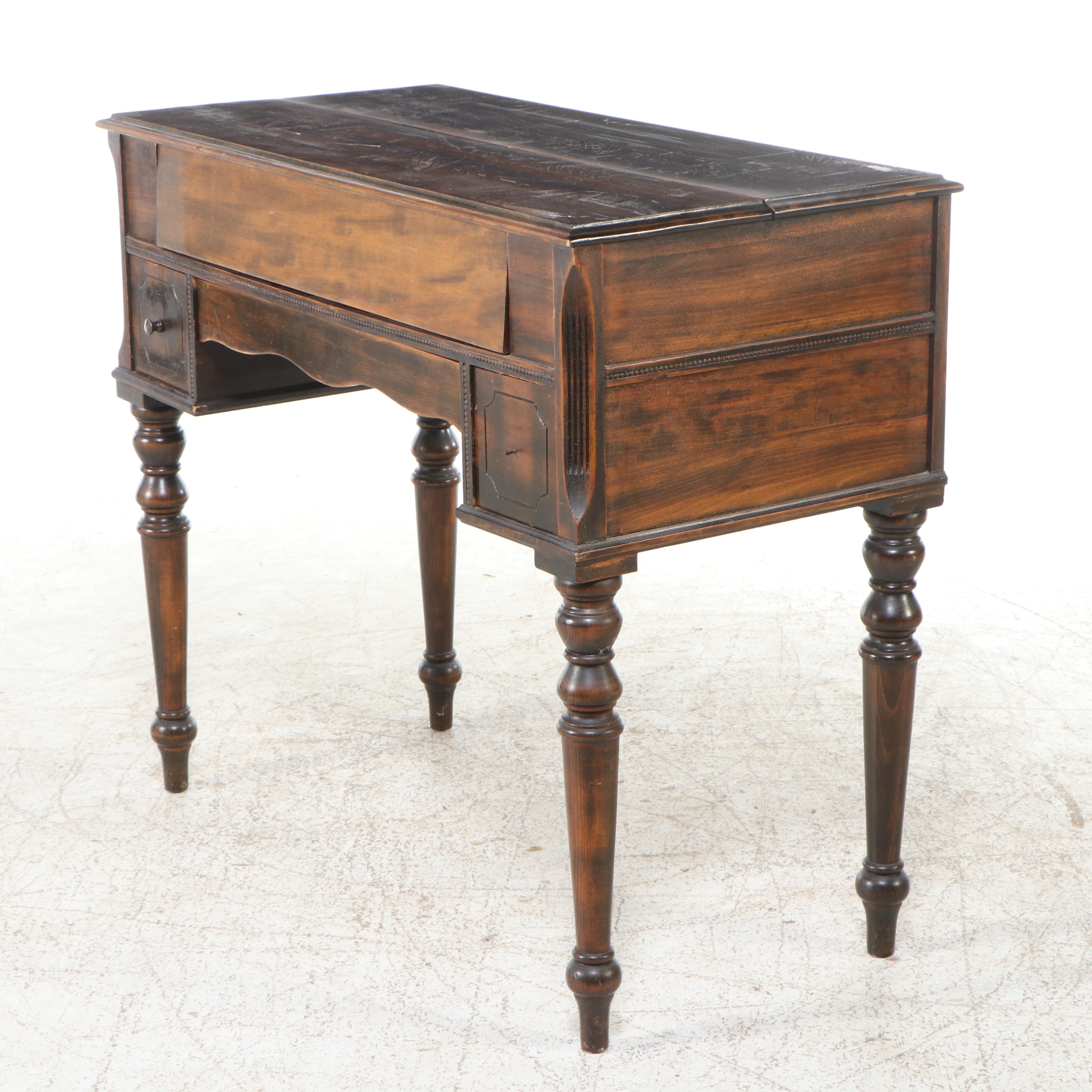 Walnut-Finished Wood Spinet Desk with Victorian Walnut Side Chair