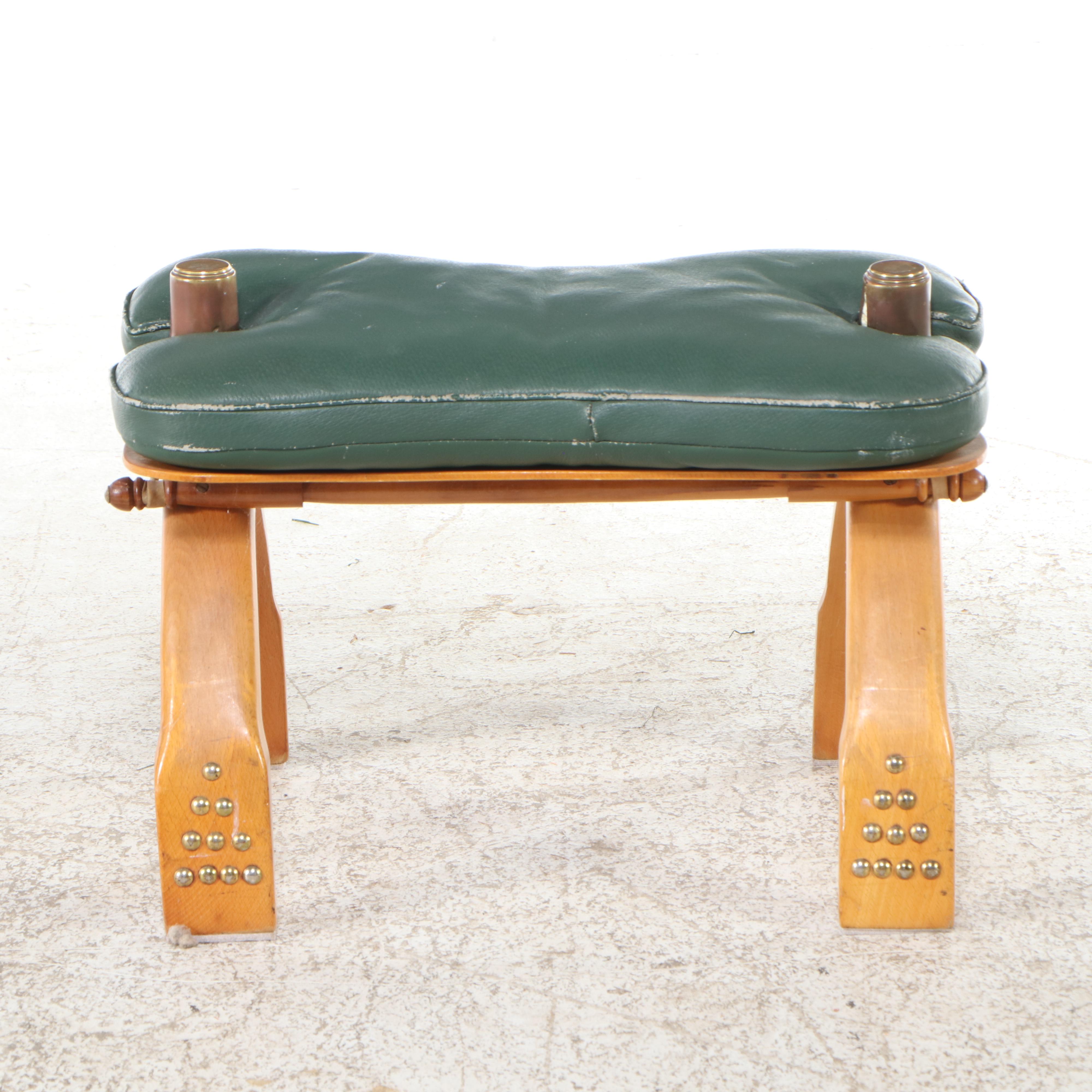 Beech Camel Saddle Stool with Green Leather Cushion